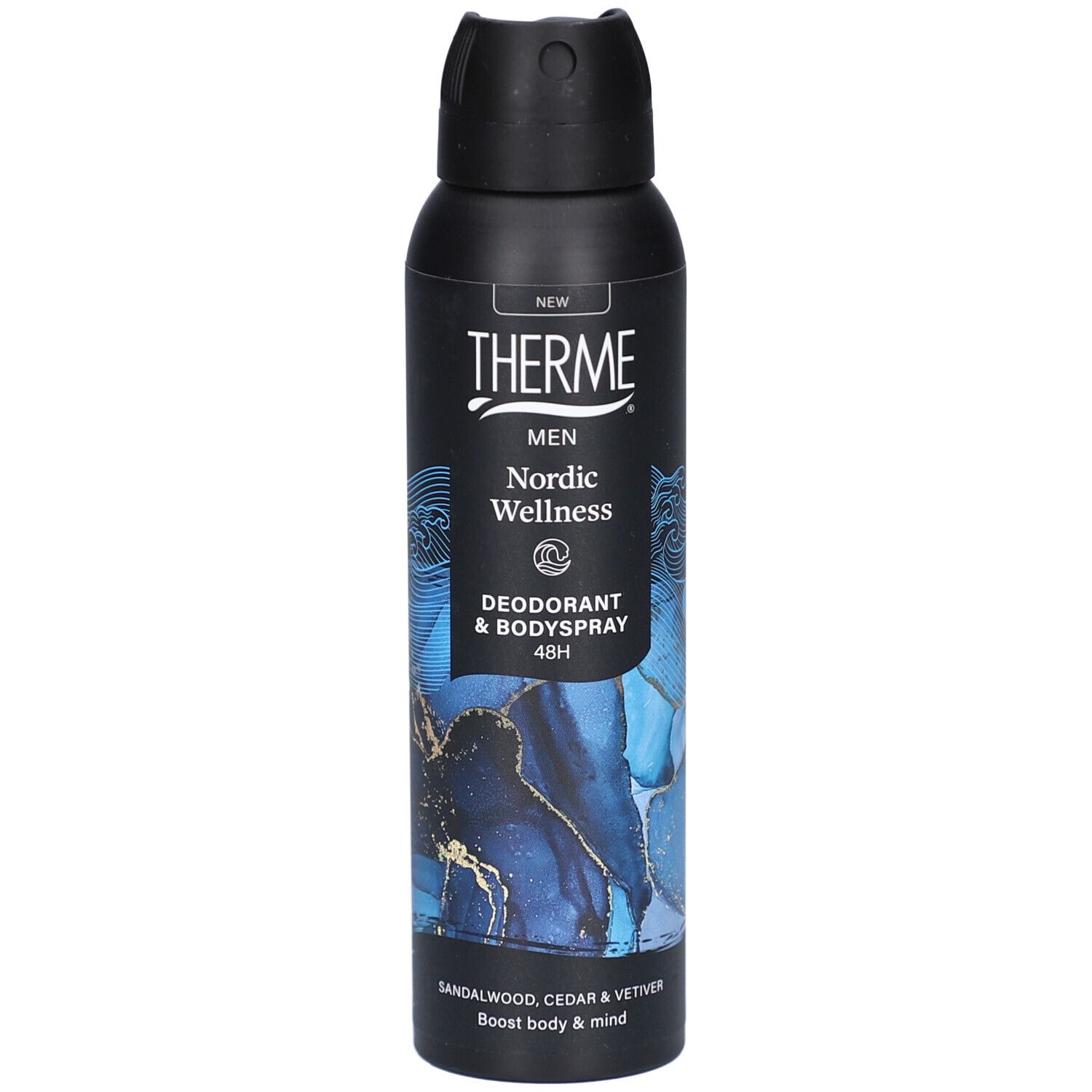 Bombe de déodorant noire. THERME, MEN, Nordic Wellness, Déodorant & Bodyspray. Motifs bleus et dorés. Bois de santal, cèdre et vétiver.