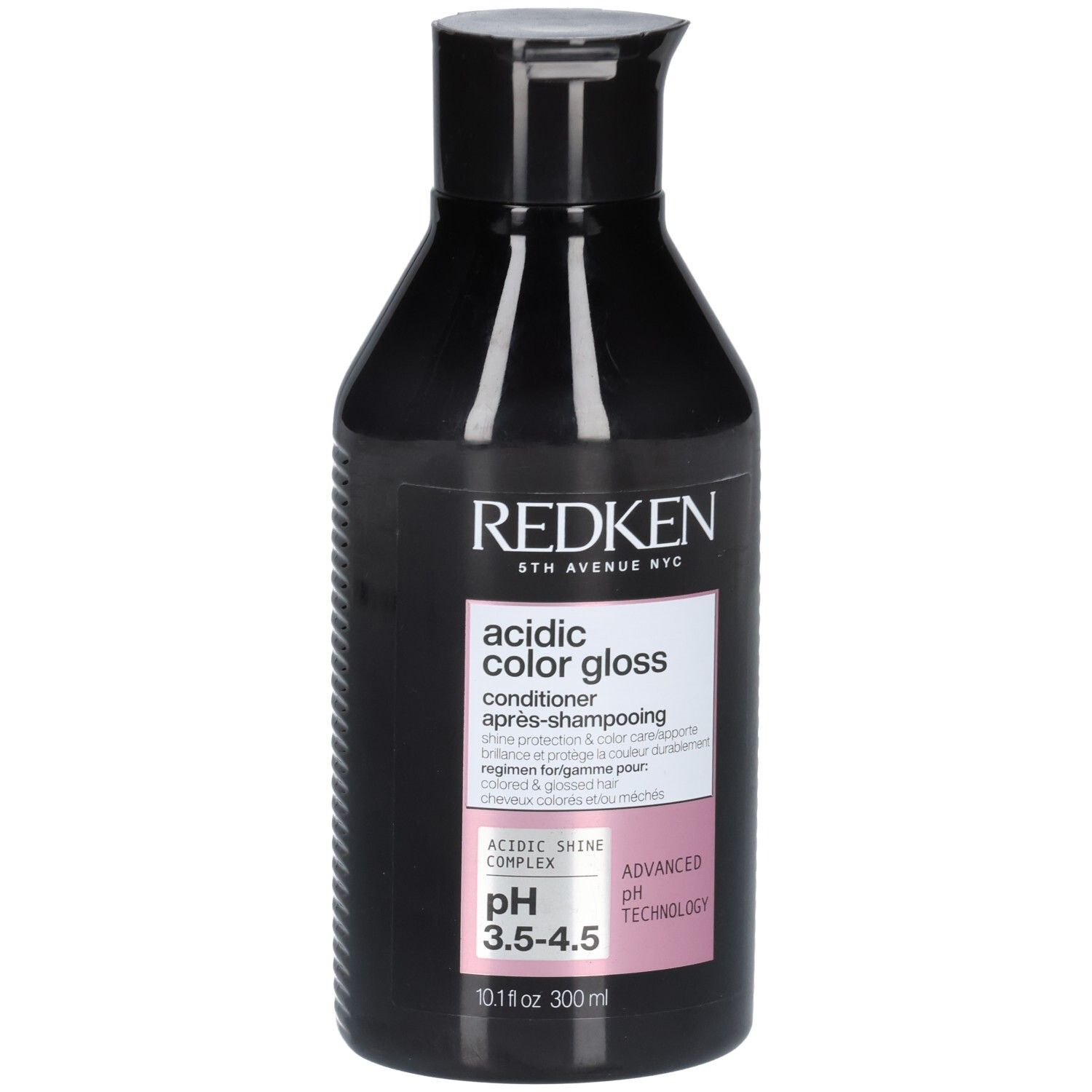 Flacon noir avec bouchon noir. Inscription: REDKEN, acidic color gloss, après-shampooing. pH 3.5-4.5.