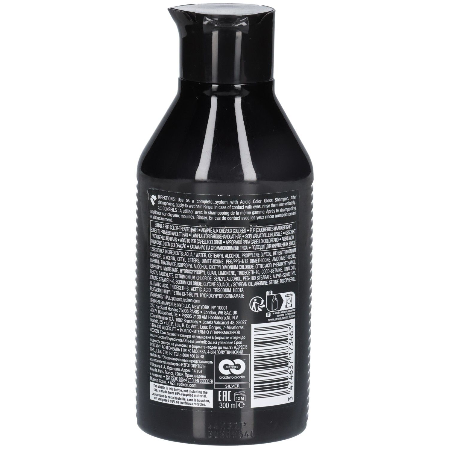 Dos du flacon noir. Inscription: acidic color gloss, ingrédients, informations fabricant, code-barres, logo.
