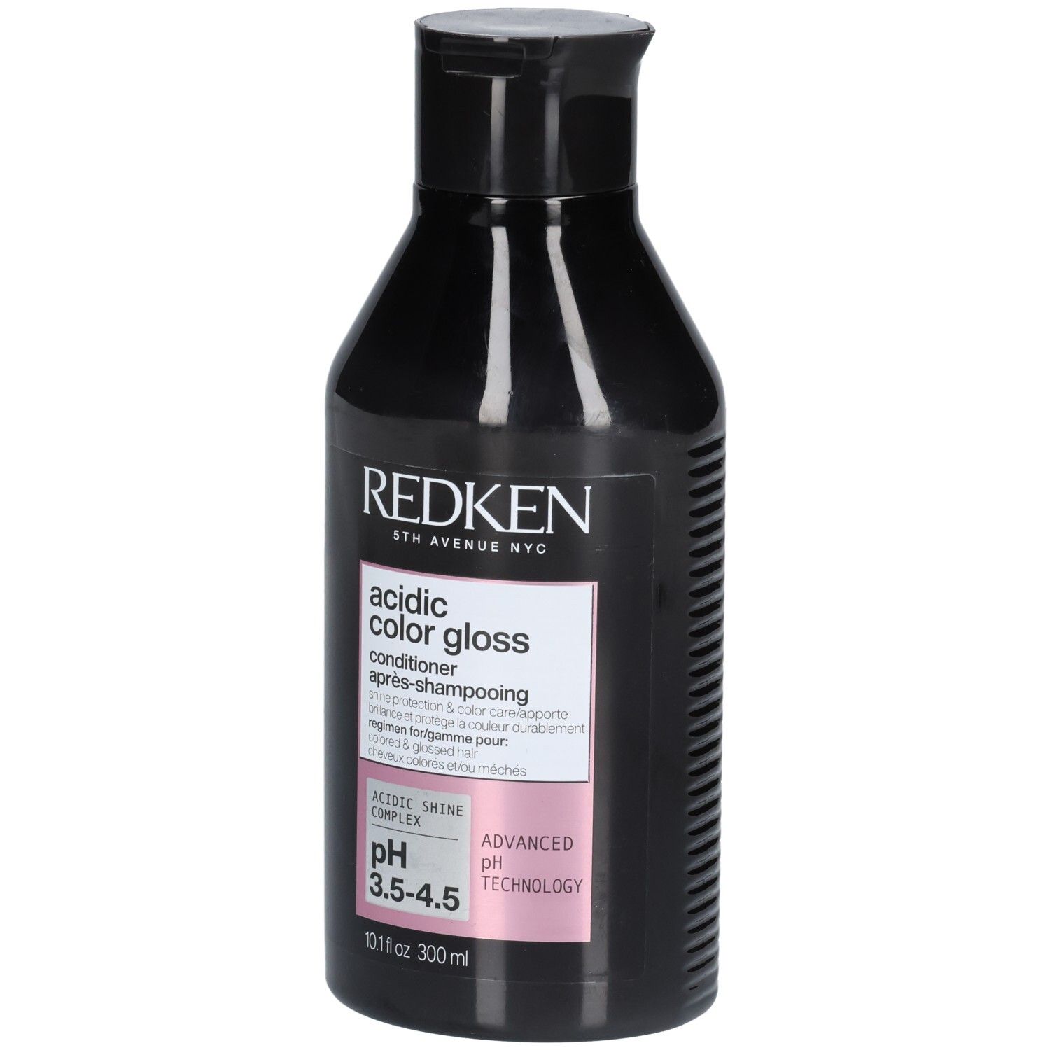 Flacon noir avec bouchon noir. Inscription: REDKEN, acidic color gloss, après-shampooing. pH 3.5-4.5.