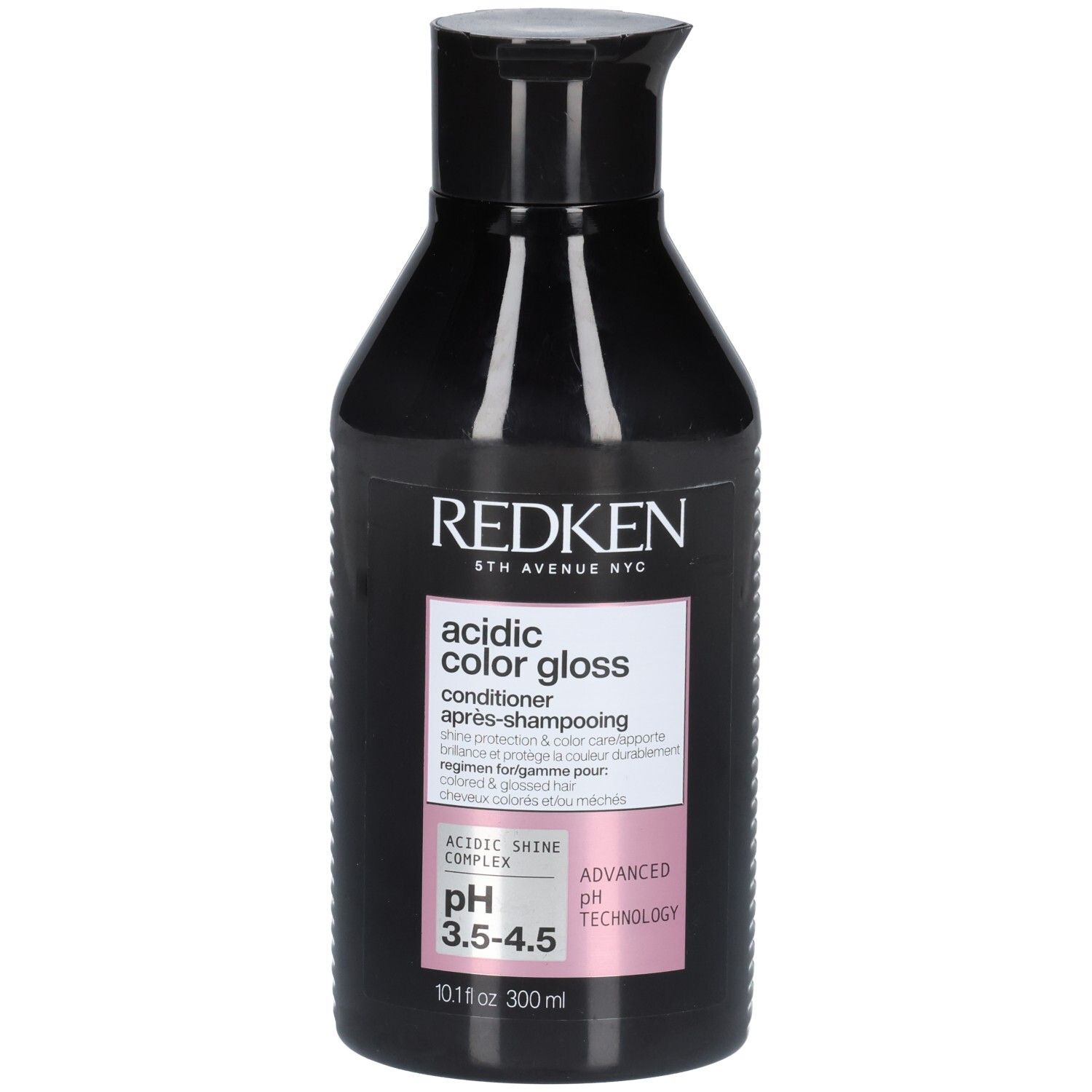 Flacon noir avec bouchon noir. Inscription: REDKEN, acidic color gloss, après-shampooing. pH 3.5-4.5.