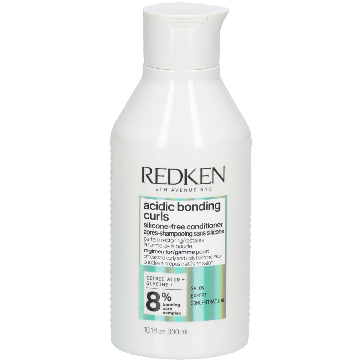 Flacon blanc Redken Acidic Bonding Curls Conditioner. Caractéristiques : 8% Bonding Care Complex, après-shampooing sans silicone.