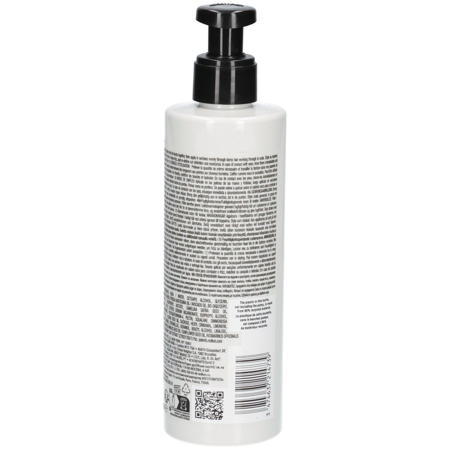 Arrière du flacon Redken Hydrating Curl Cream avec ingrédients et code QR.