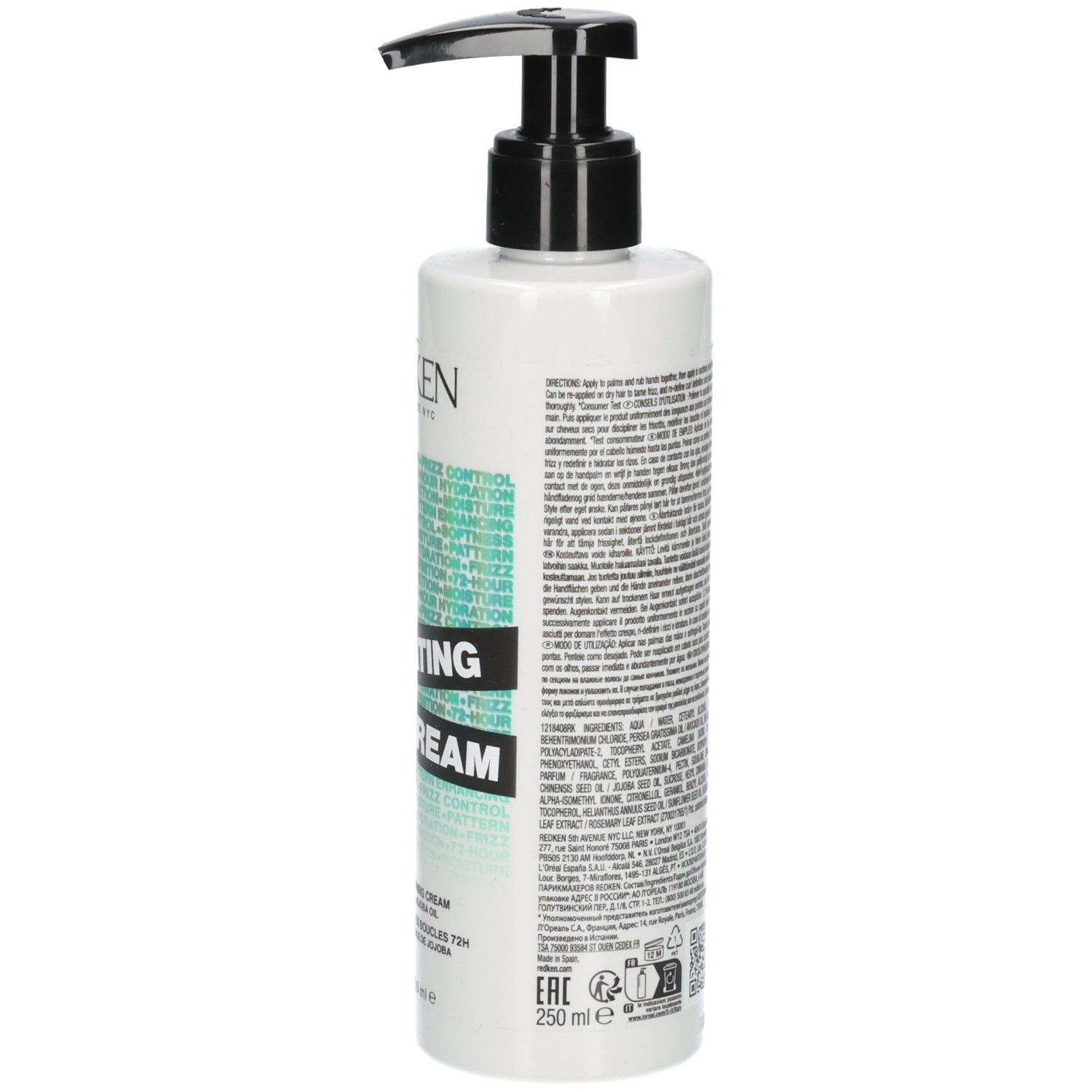 Flacon Redken Hydrating Curl Cream, vue latérale avec détails d'étiquette et code QR.