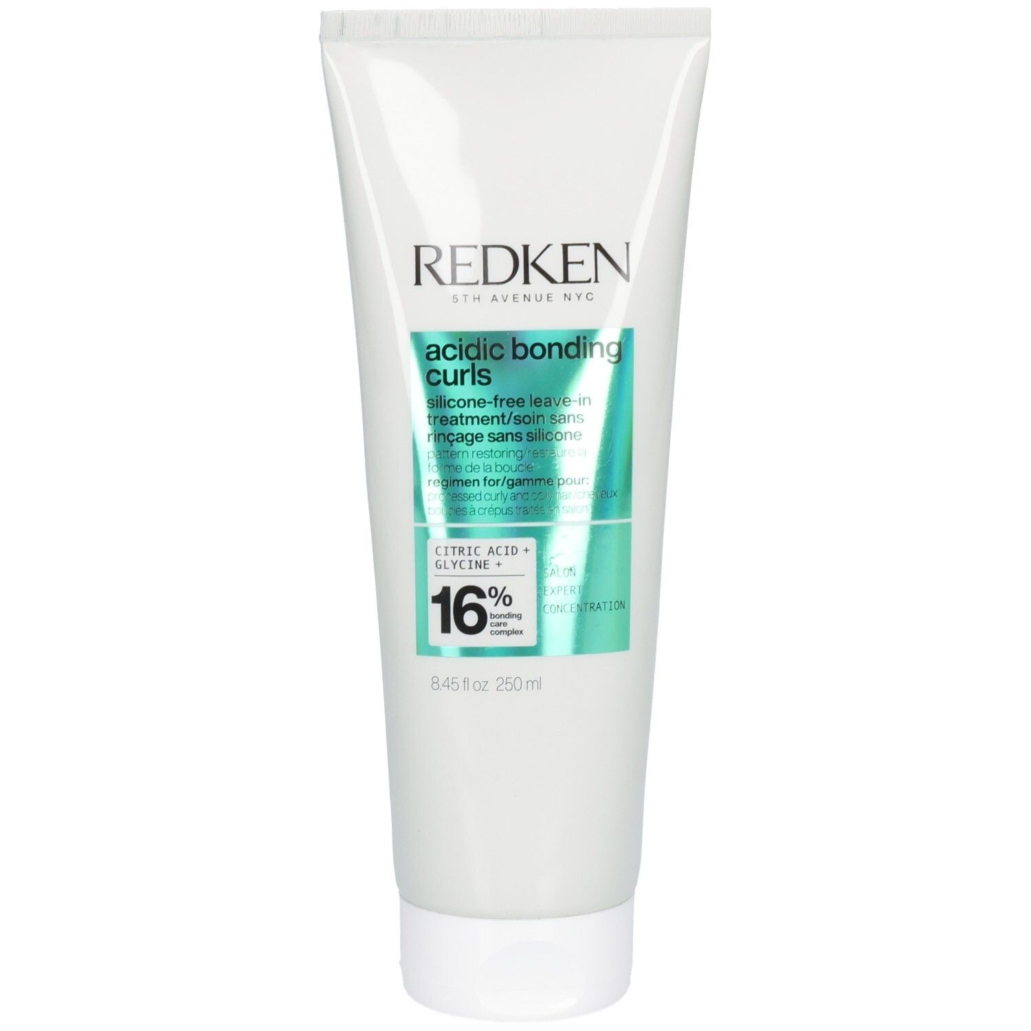 Tube blanche avec étiquette verte et turquoise. Inscription: Redken, acidic bonding curls, 250ml.