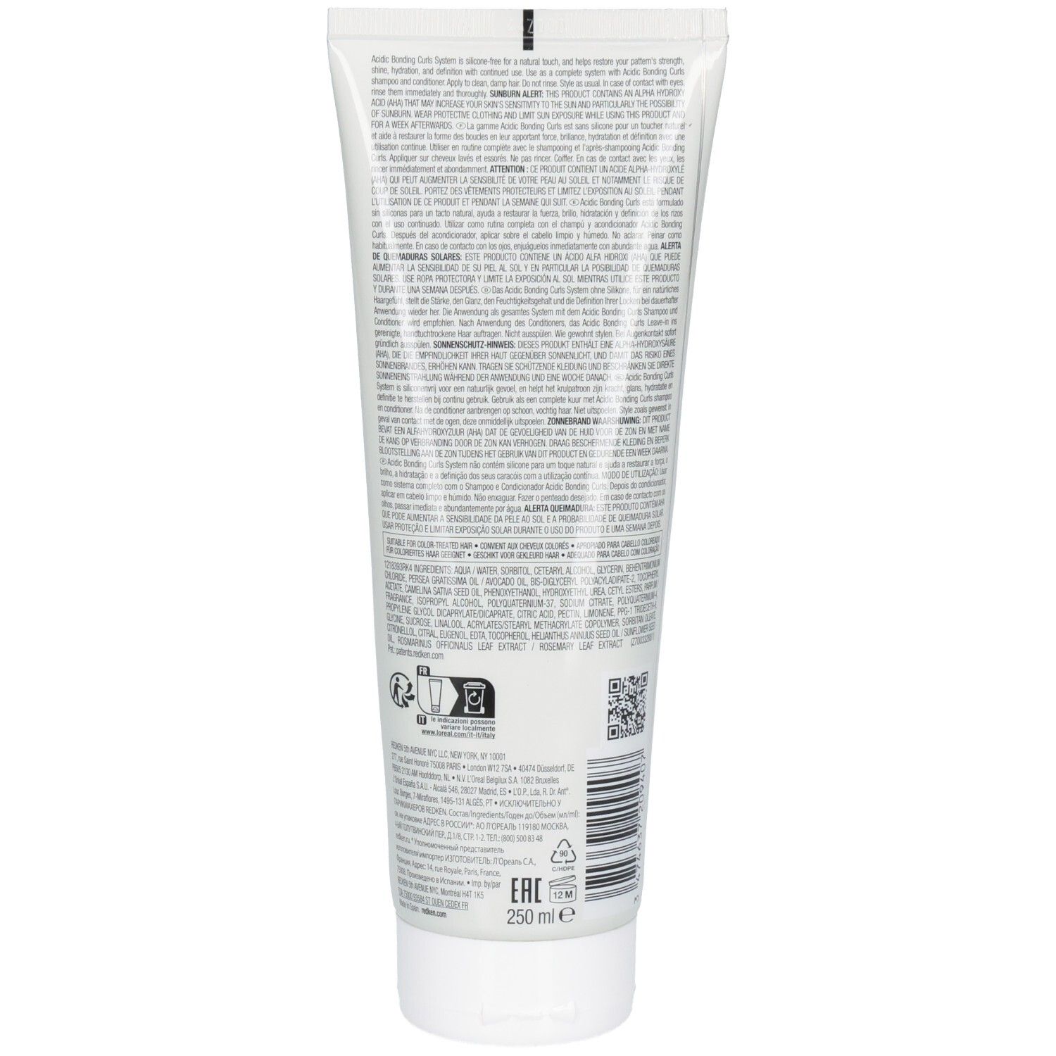 Dos d'un tube blanc. Texte en plusieurs langues. En bas: 250 ml, code EAN.