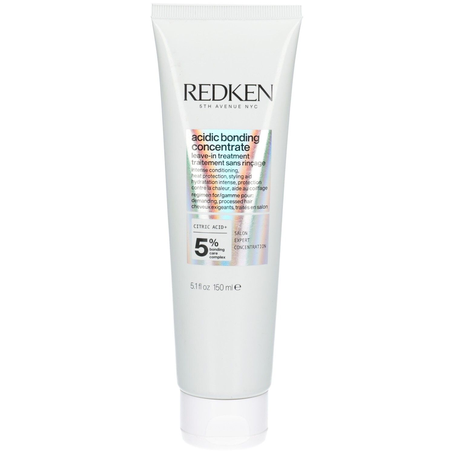 Tube blanche avec texte et logo. Contient 150 ml. Inscription : Redken, Acidic Bonding Concentrate, 5% Citric Acid.
