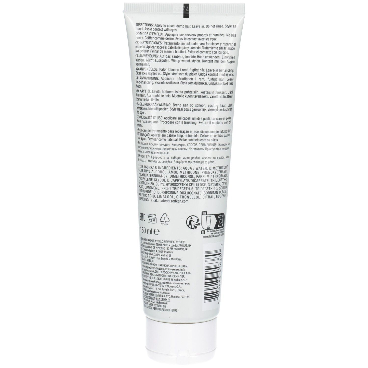 Dos d'un tube blanc. Contient des informations sur le produit et les ingrédients. 150 ml. Avec symboles de recyclage.
