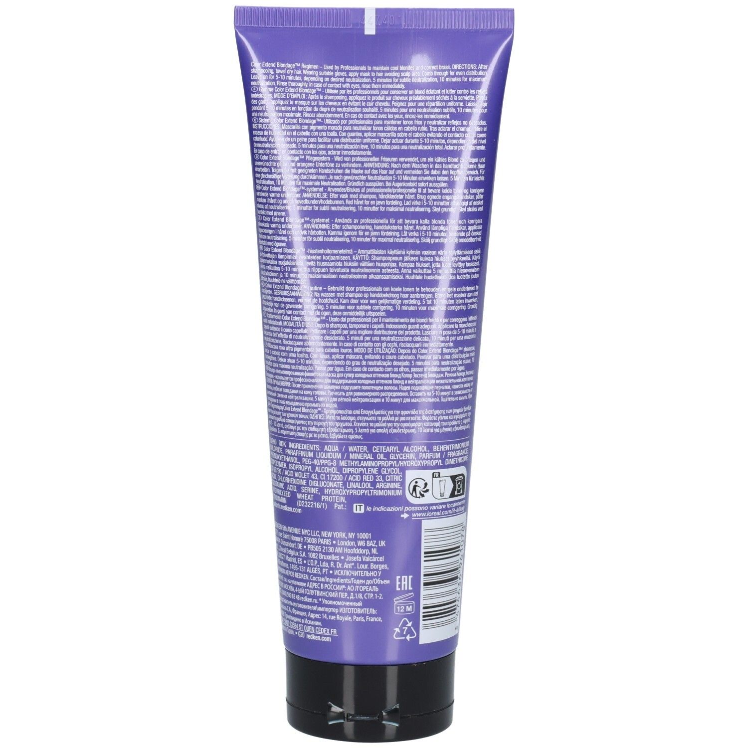 Dos d'un tube violet. Texte multilingue. Marque: Redken. Produit: Color Extend Blondage.