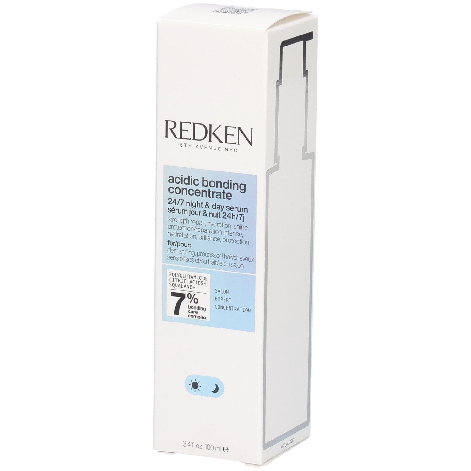 Boîte blanche avec informations produit. Marque Redken, nom du produit Acidic Bonding Concentrate. Texte en anglais et français.