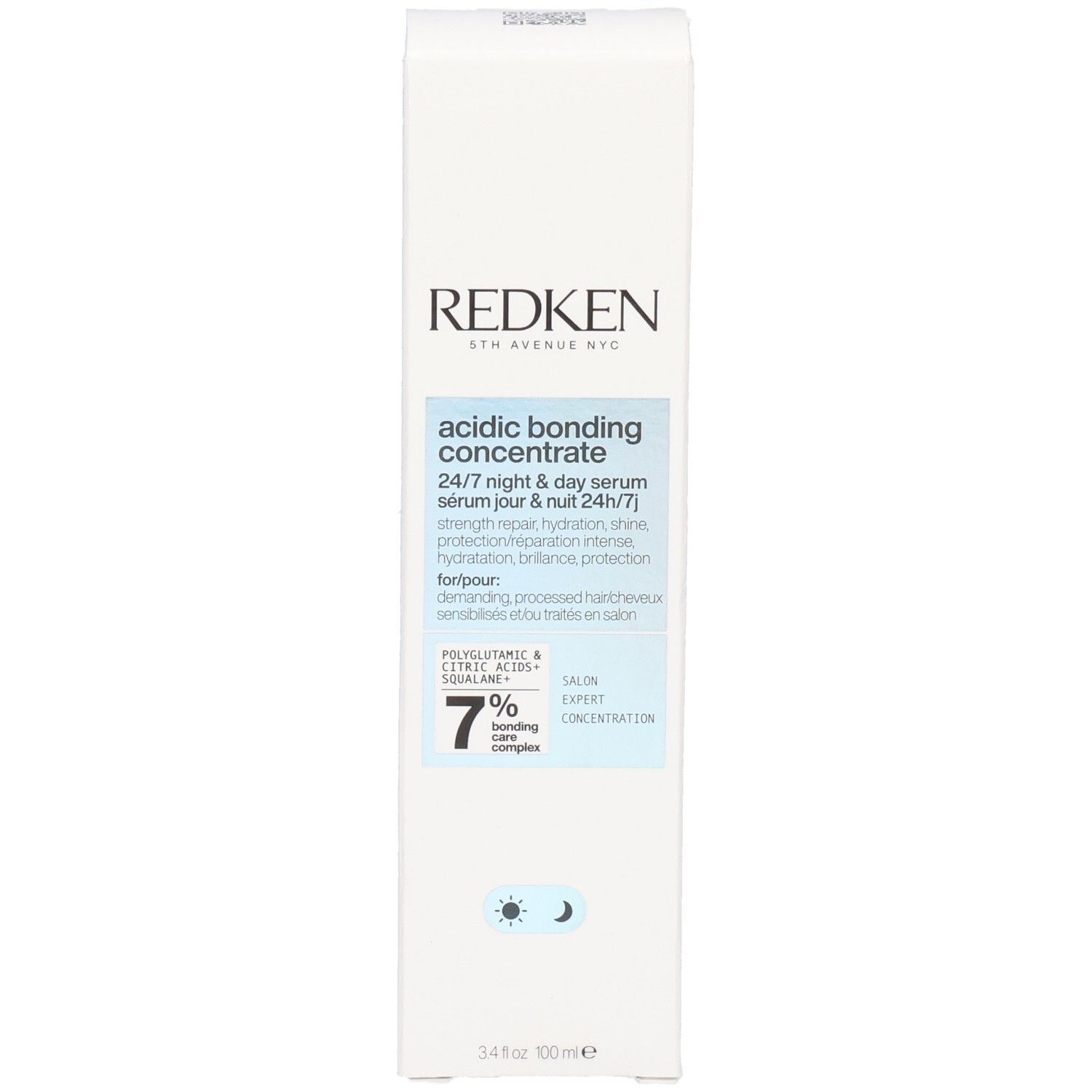 Emballage du produit, face avant. Marque Redken, nom du produit Acidic Bonding Concentrate. Texte en anglais et français.