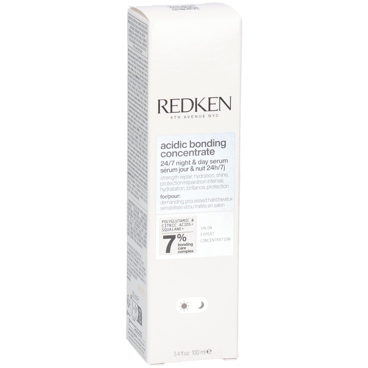 Emballage du produit, face avant. Marque Redken, nom du produit Acidic Bonding Concentrate. Texte en anglais et français.