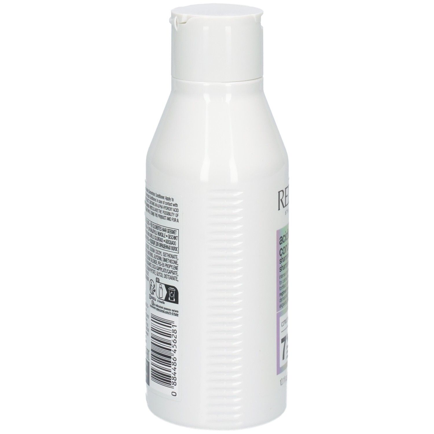 Flacon de shampooing blanc. Dos avec texte et code-barres. Marque : Redken. 300ml.