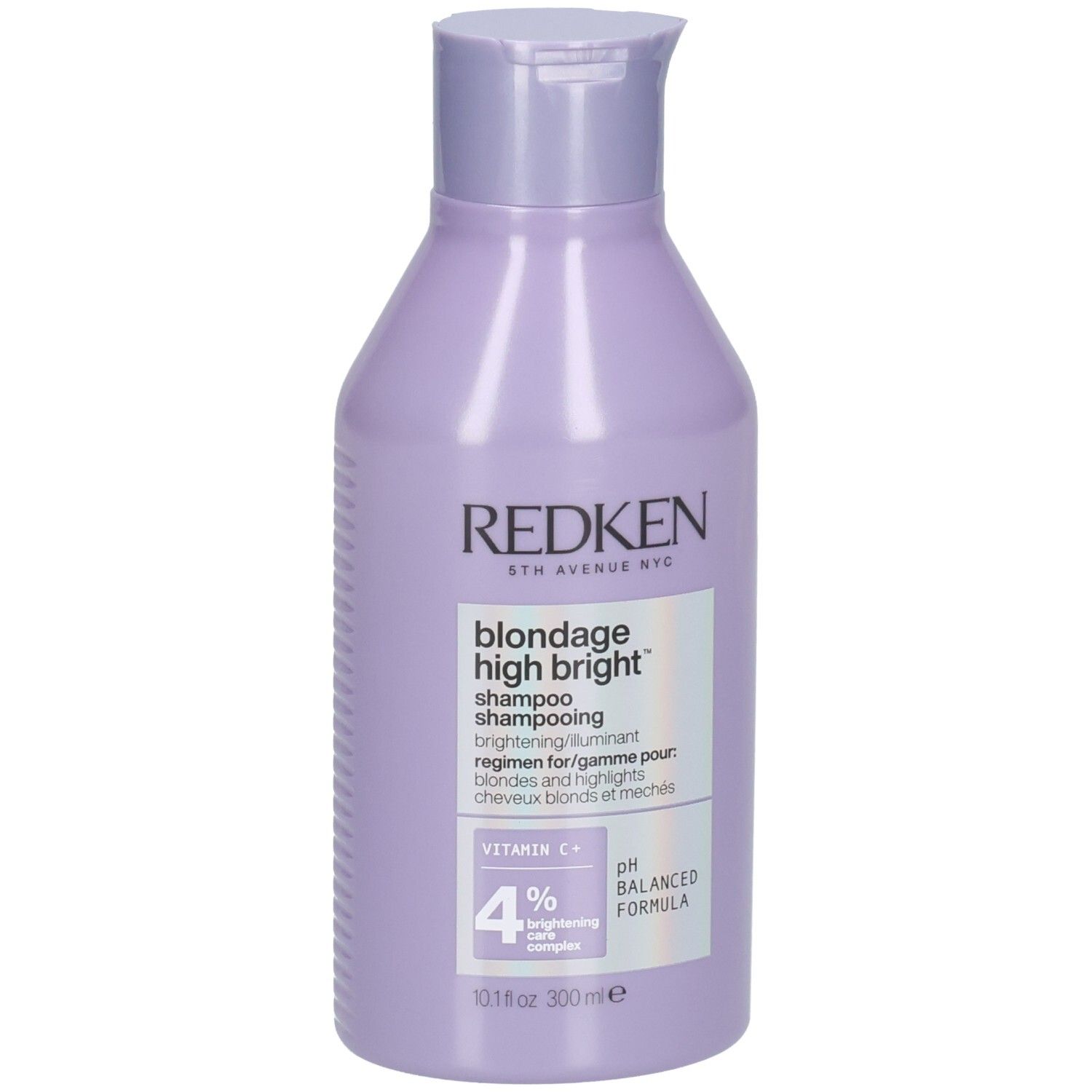 Flacon de shampooing Redken Blondage High Bright. Flacon lilas avec étiquette blanche. Nom du produit et ingrédients.