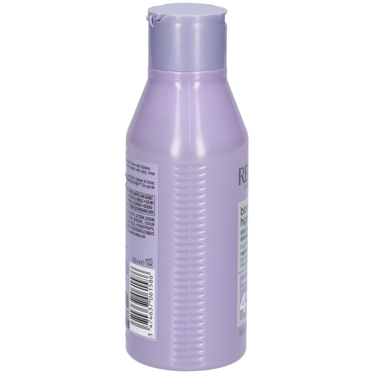 Dos du flacon de shampooing Redken Blondage High Bright. Flacon lilas avec texte. Code-barres.