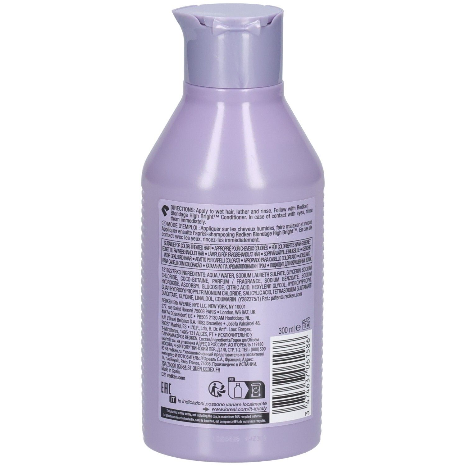 Dos du flacon de shampooing Redken Blondage High Bright. Flacon lilas avec texte. Ingrédients et mode d'emploi.