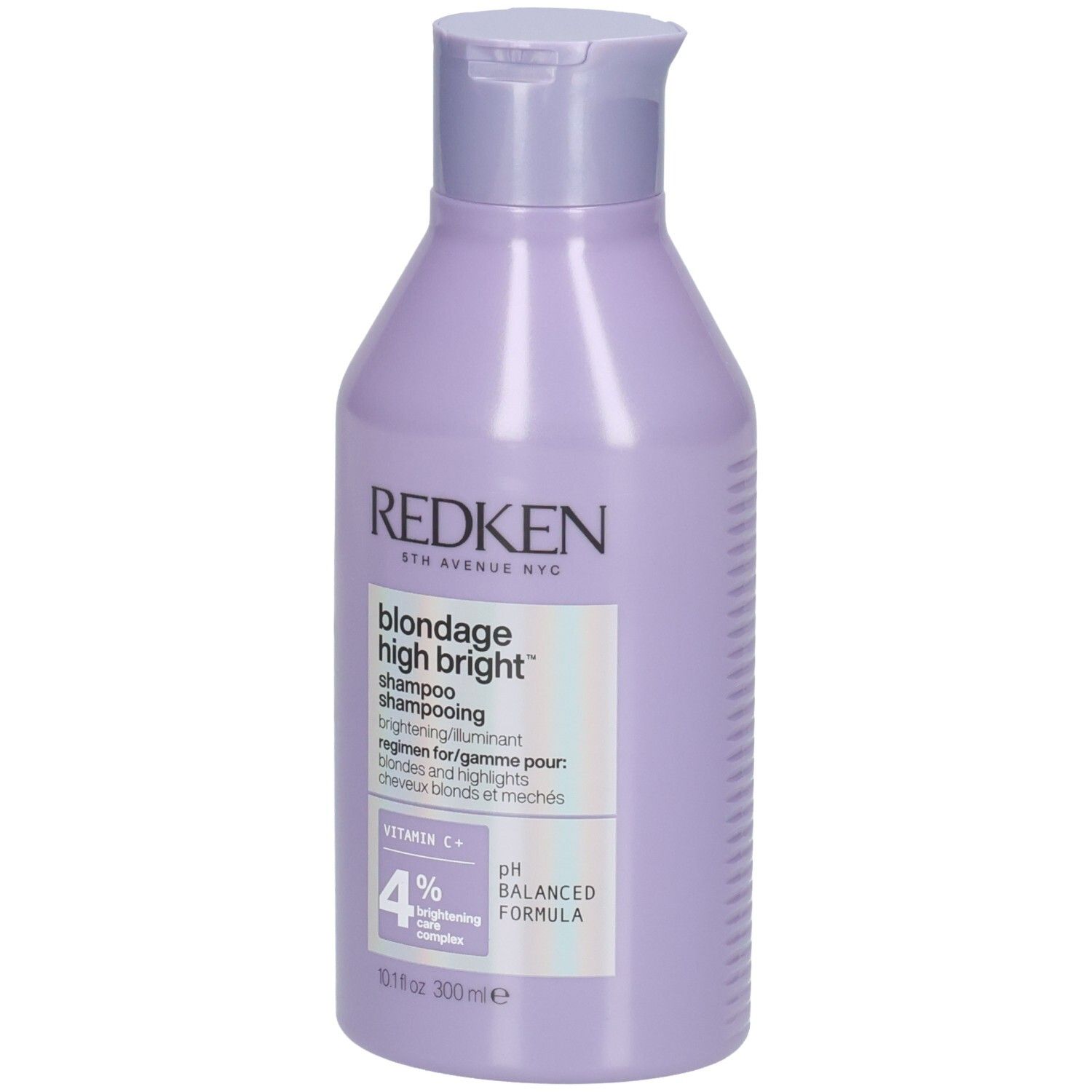 Flacon de shampooing Redken Blondage High Bright. Flacon lilas avec étiquette blanche. Nom du produit et ingrédients.