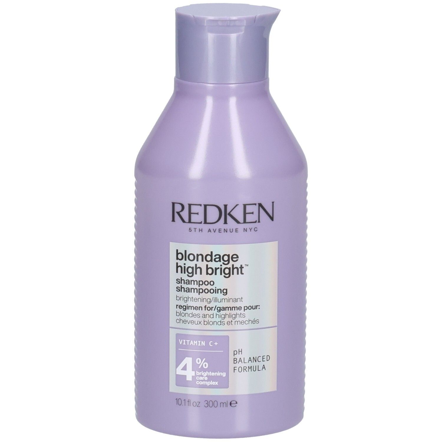 Flacon de shampooing Redken Blondage High Bright. Flacon lilas avec étiquette blanche. Nom du produit et ingrédients.