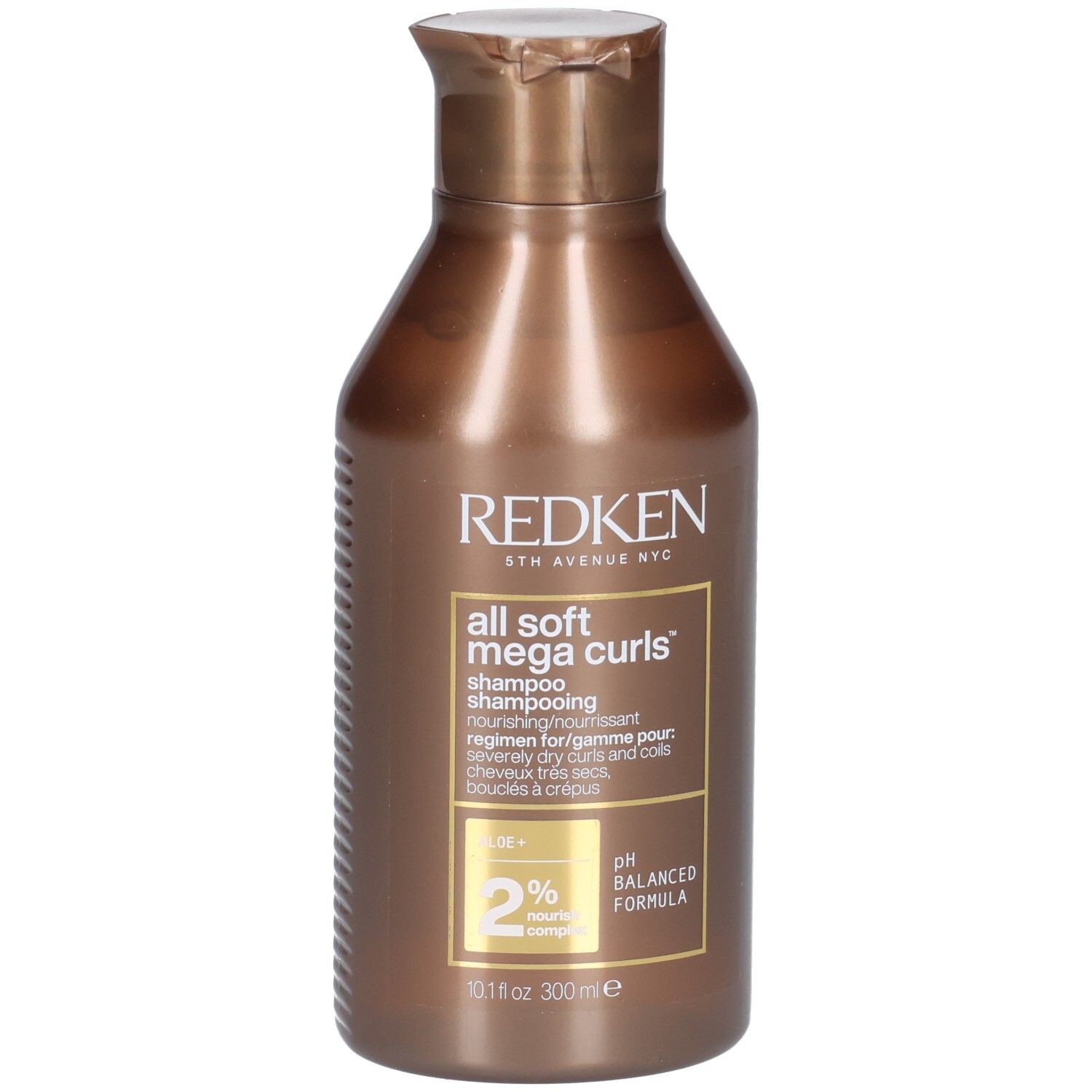Flacon de shampooing marron avec bouchon rabattable. Inscription: Redken, All Soft Mega Curls Shampoo. 300ml.