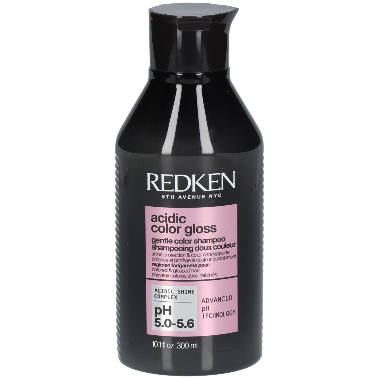 Flacon de shampooing noir avec étiquette rose. Texte: Redken, Acidic Color Gloss, pH 5.0-5.6. 300 ml.