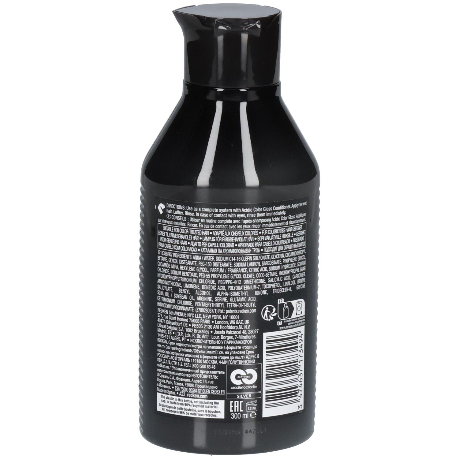 Dos du flacon de shampooing noir. Texte et code-barres. 300 ml.