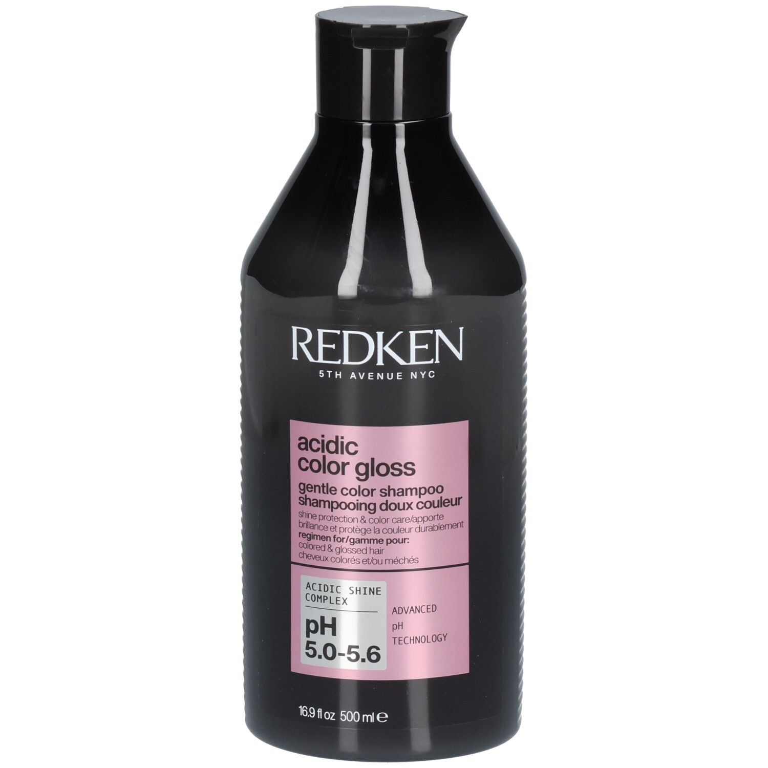 Flacon noir avec étiquette rose. Texte: Redken, Acidic Color Gloss, pH 5.0-5.6. Shampooing pour cheveux colorés.