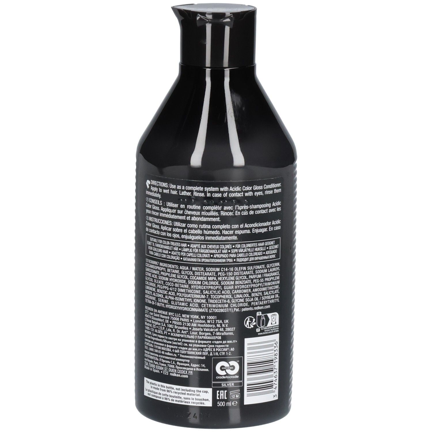 Dos d'un flacon noir. Texte: Ingrédients, mode d'emploi. 500 ml. Écolabel.