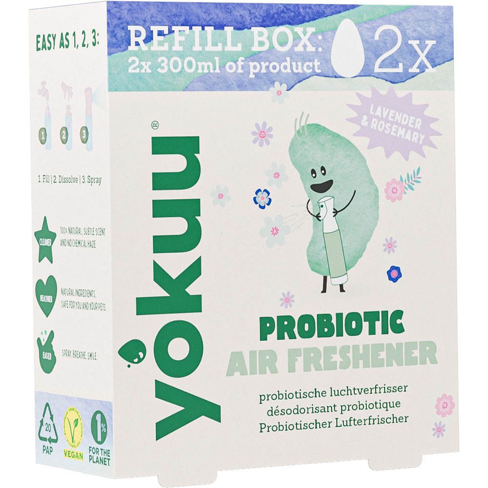 Boîte Yokuu Probiotic Air Freshener. Instructions : 1. Remplir. 2. Dissoudre. 3. Vaporiser. Logos et illustrations.