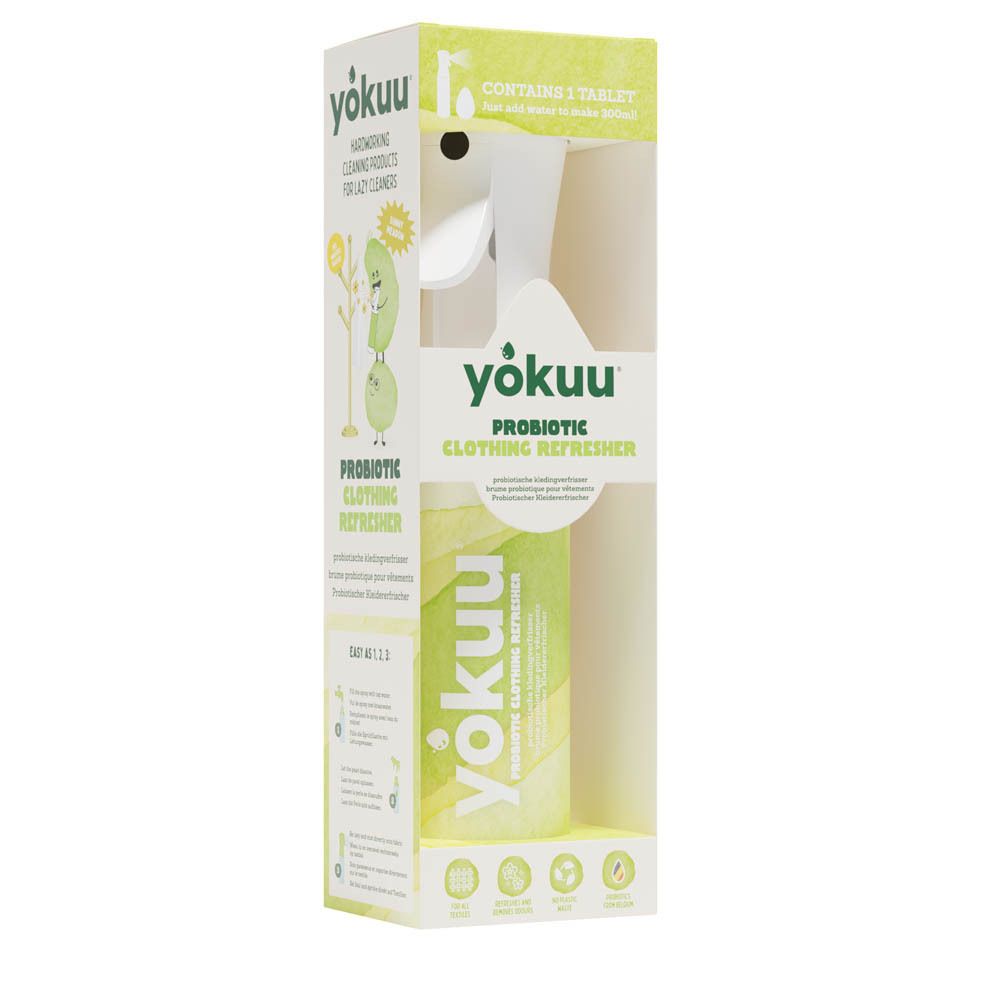 Kit de démarrage YOKUU rafraîchisseur de vêtements. Flacon vert avec pulvérisateur dans une boîte. Contient 2 comprimés.