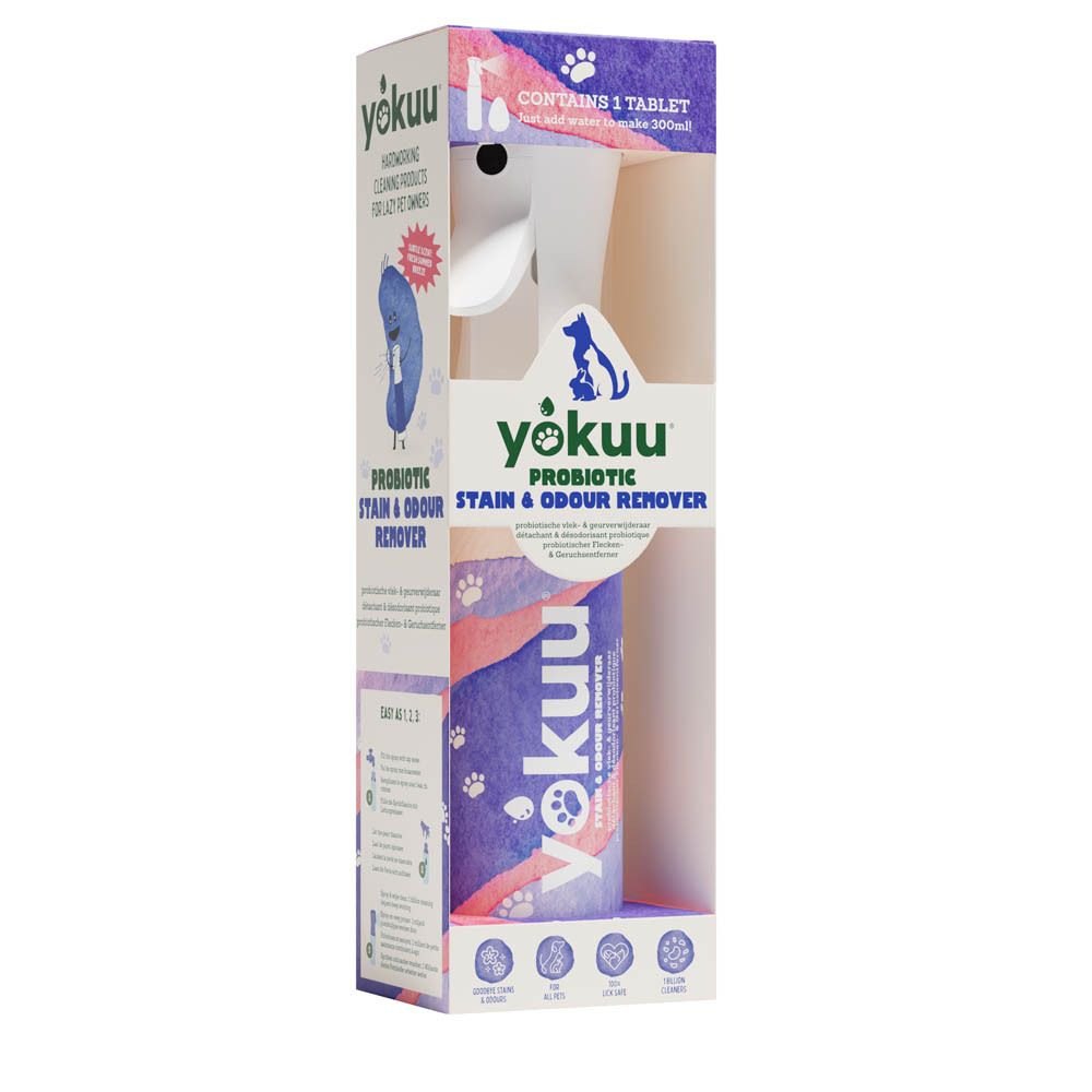 Kit Yokuu avec flacon pulvérisateur, tablette et chiffon. Produit dans l'emballage. Contient des informations.