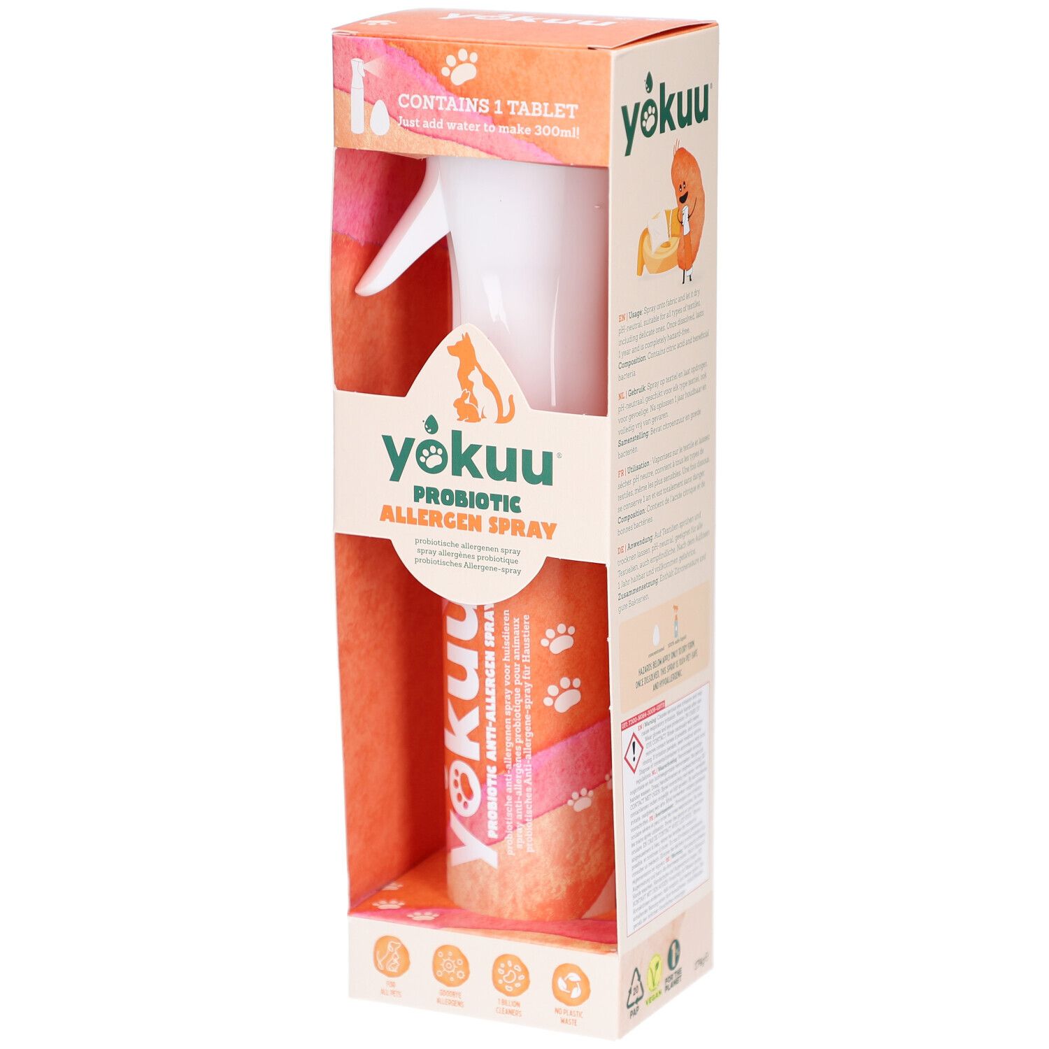 Spray anti-allergène probiotique Yokuu dans son emballage. Contient 1 comprimé. Flacon pulvérisateur et carton avec informations.