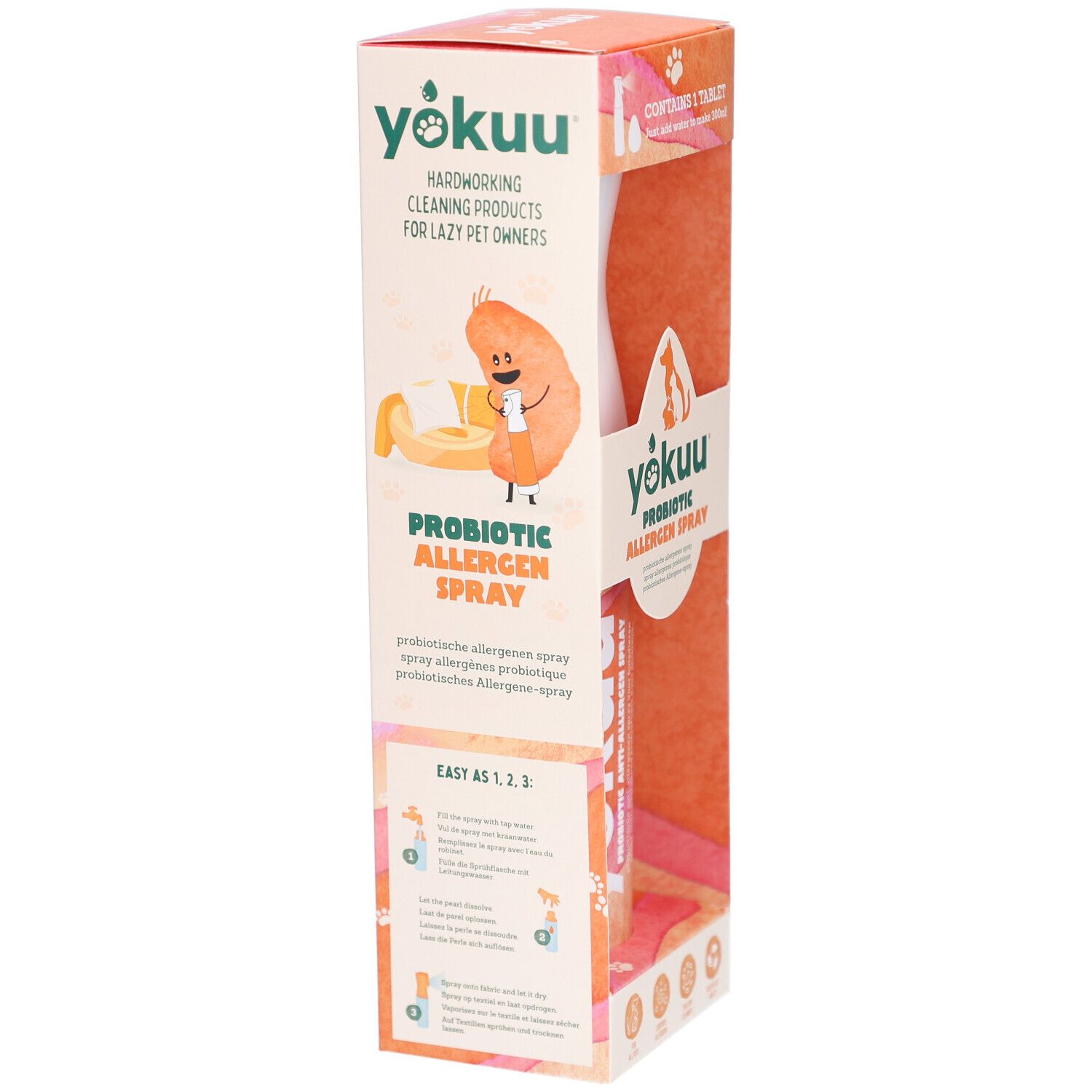 Emballage du spray anti-allergène probiotique Yokuu. Nom du produit et illustrations. Dos avec informations et instructions.