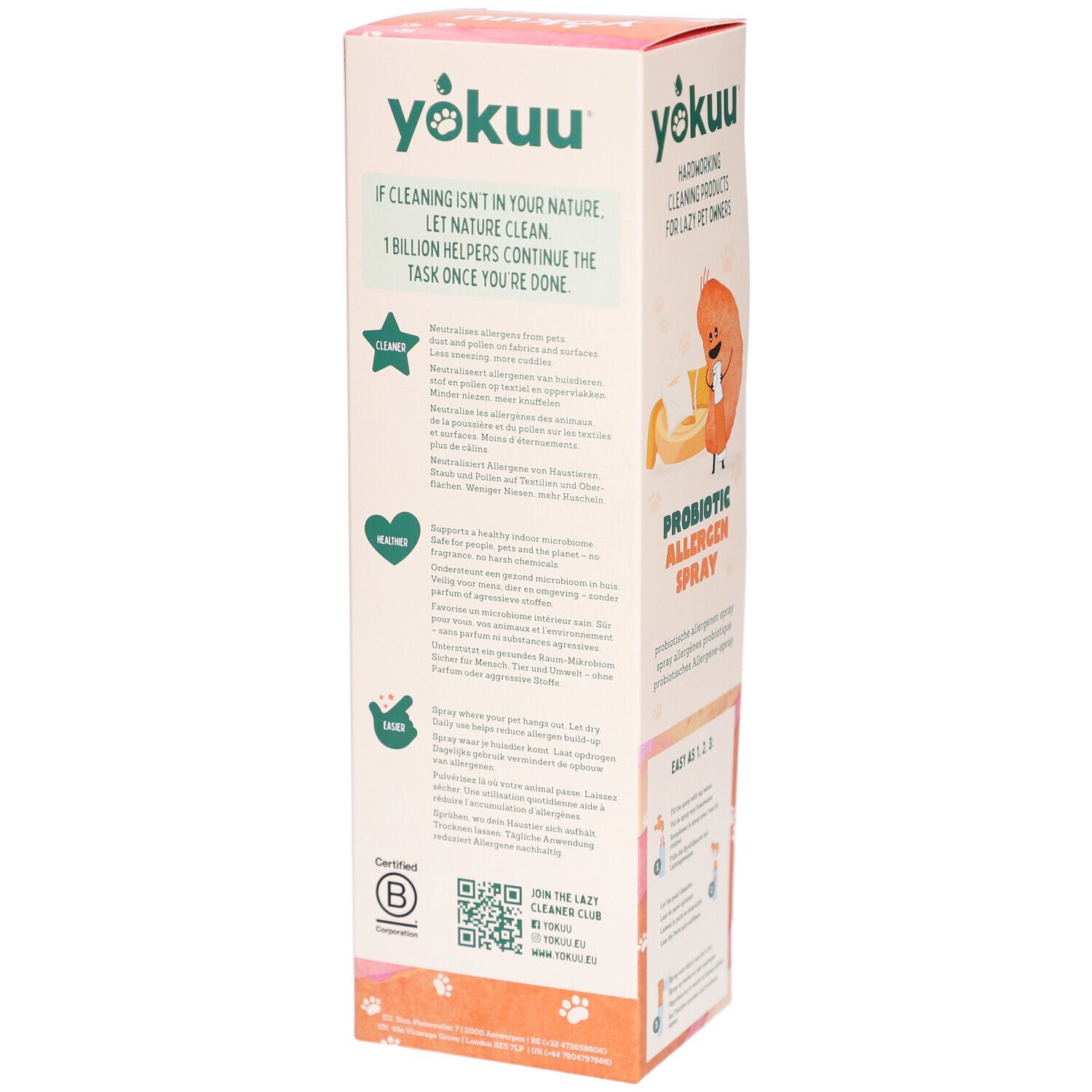 Dos de l'emballage du spray anti-allergène probiotique Yokuu. Informations textuelles, logo et QR code. Certification B Corp.