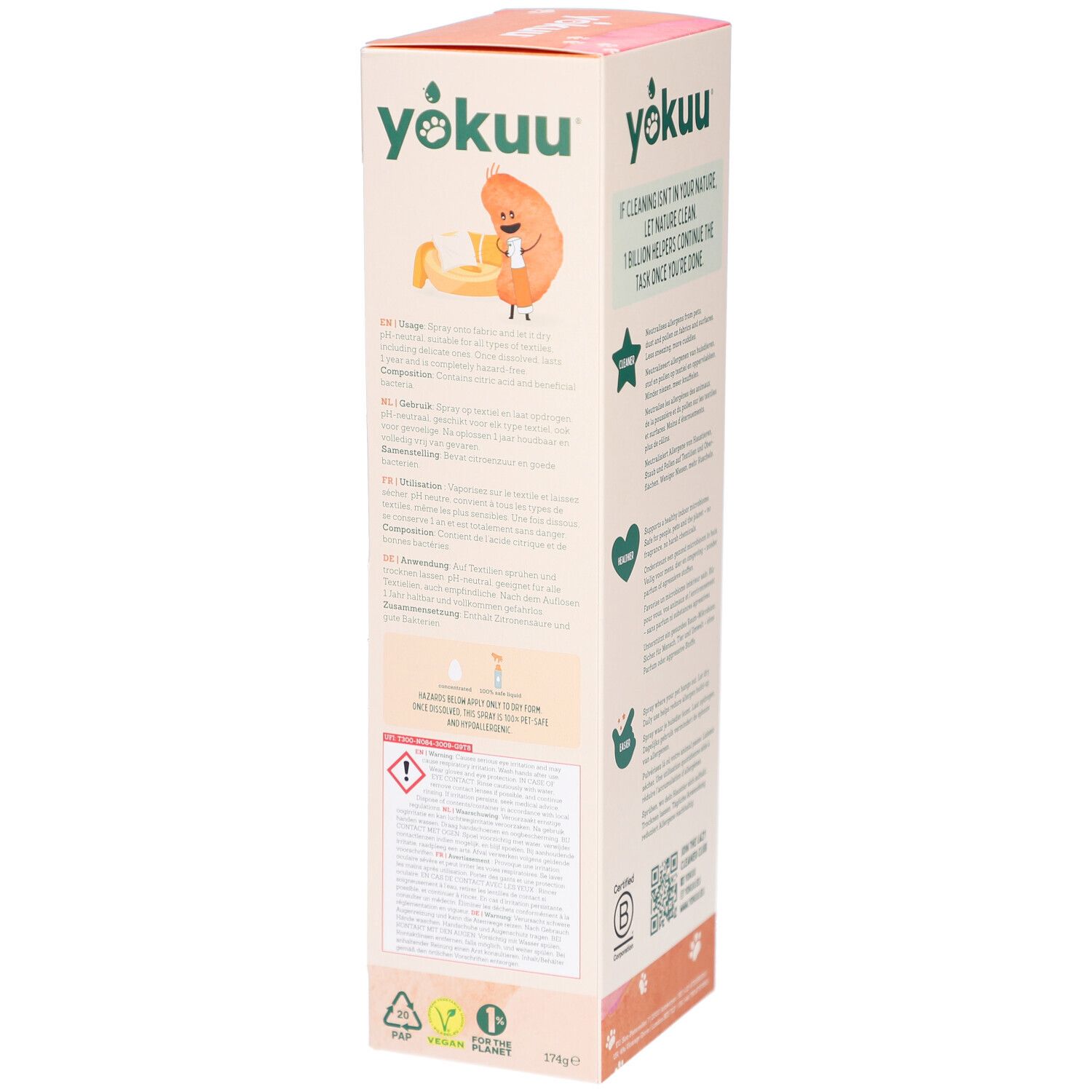 Vue latérale de l'emballage du spray anti-allergène probiotique Yokuu. Informations textuelles, logos et pictogrammes. Écolabel.