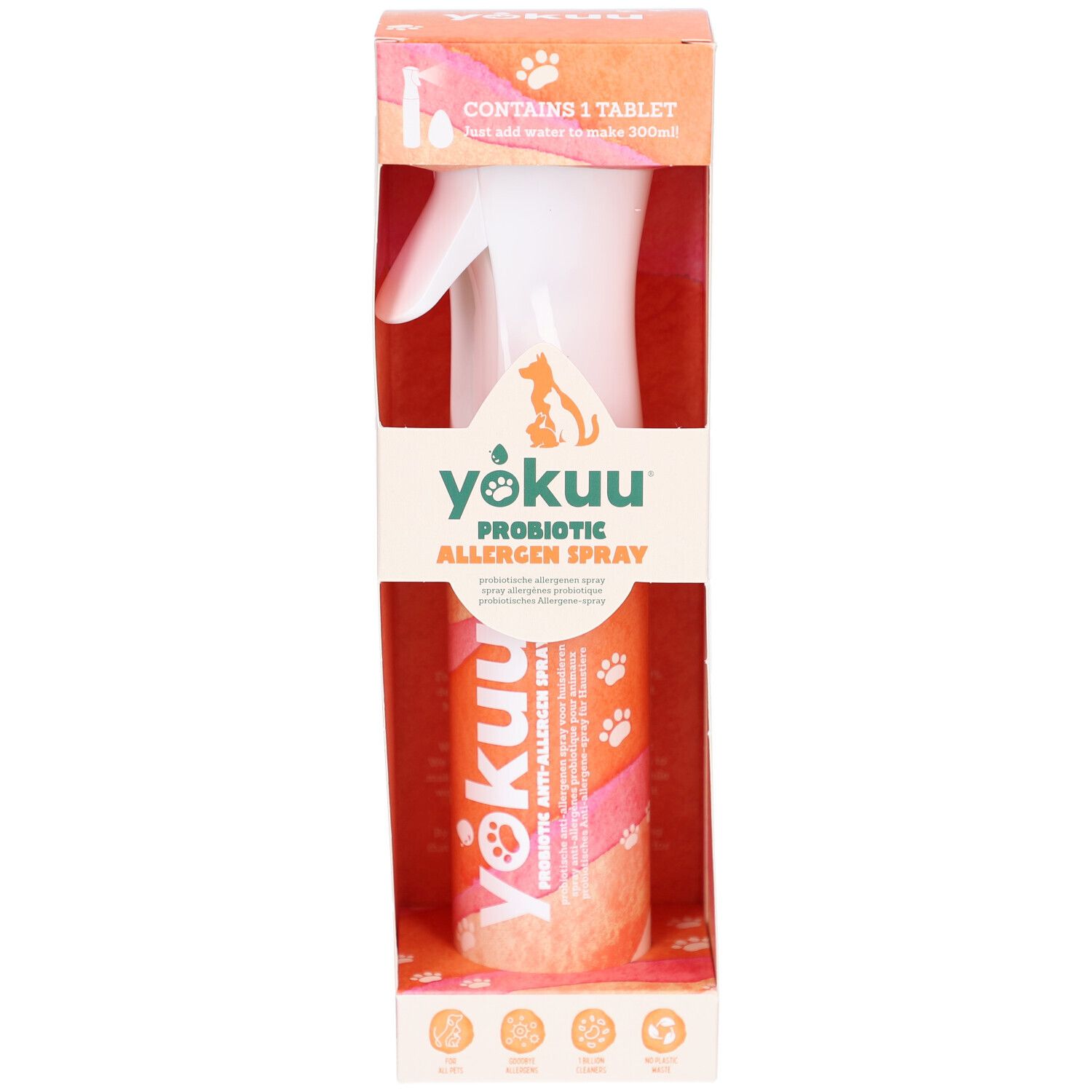 Spray anti-allergène probiotique Yokuu en emballage. Flacon pulvérisateur et carton. Contient 1 comprimé. Nom du produit visible.