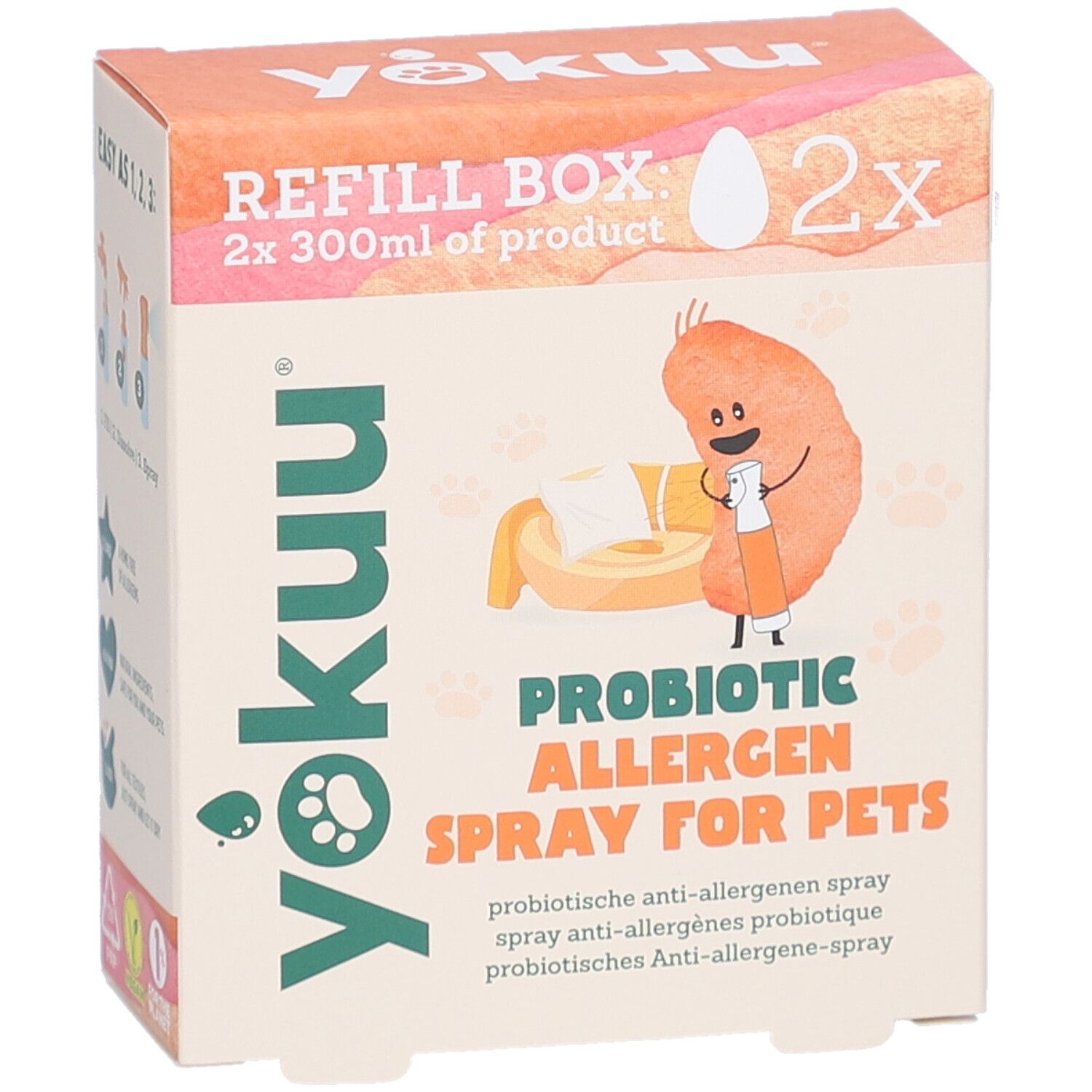 Boîte en carton avec impression du produit. Texte : PROBIOTIC ALLERGEN SPRAY FOR PETS. Illustration d'un emoji de dessin animé.
