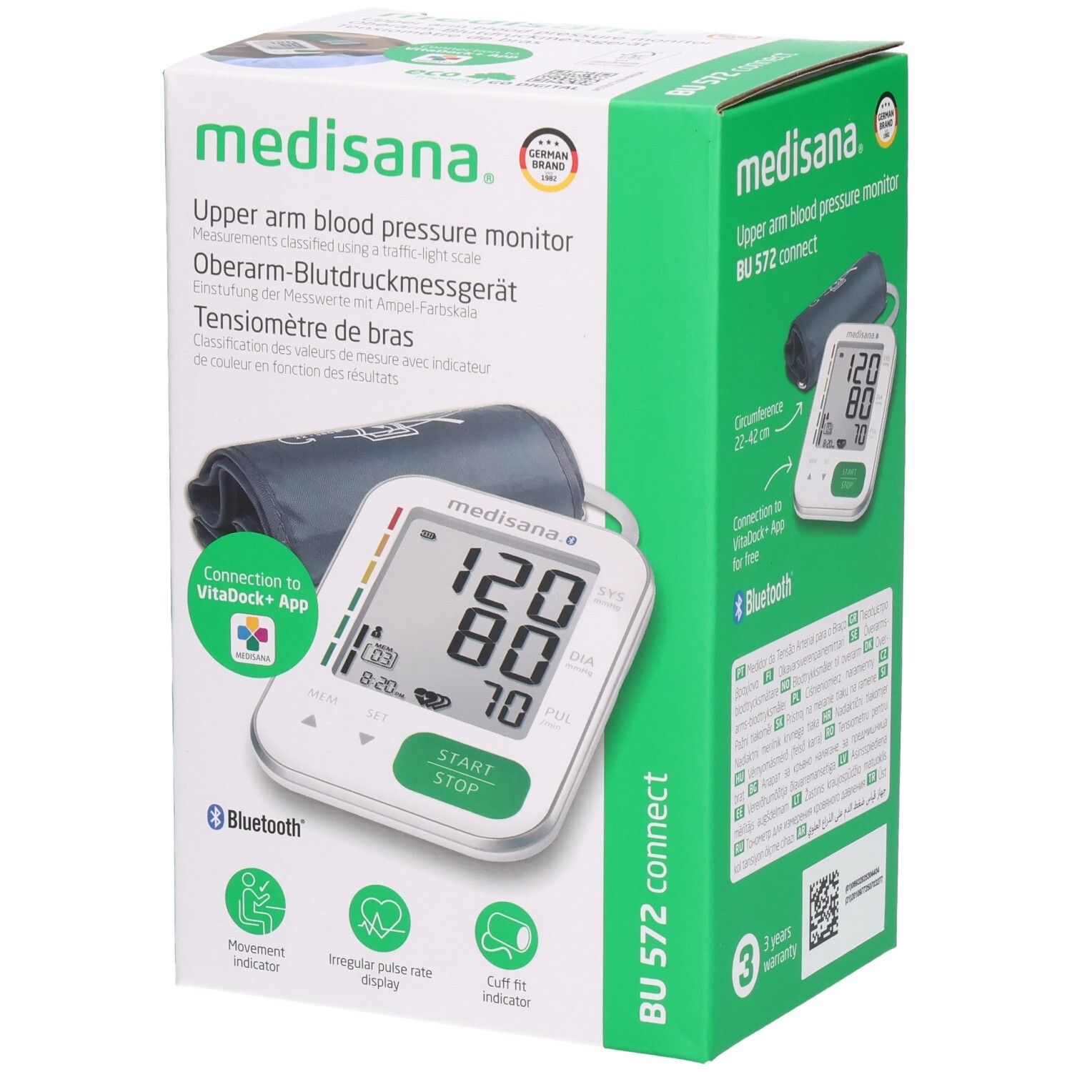 Tensiomètre dans son emballage. Affichage numérique avec valeurs. Brassard et appareil illustrés. Logo Bluetooth.