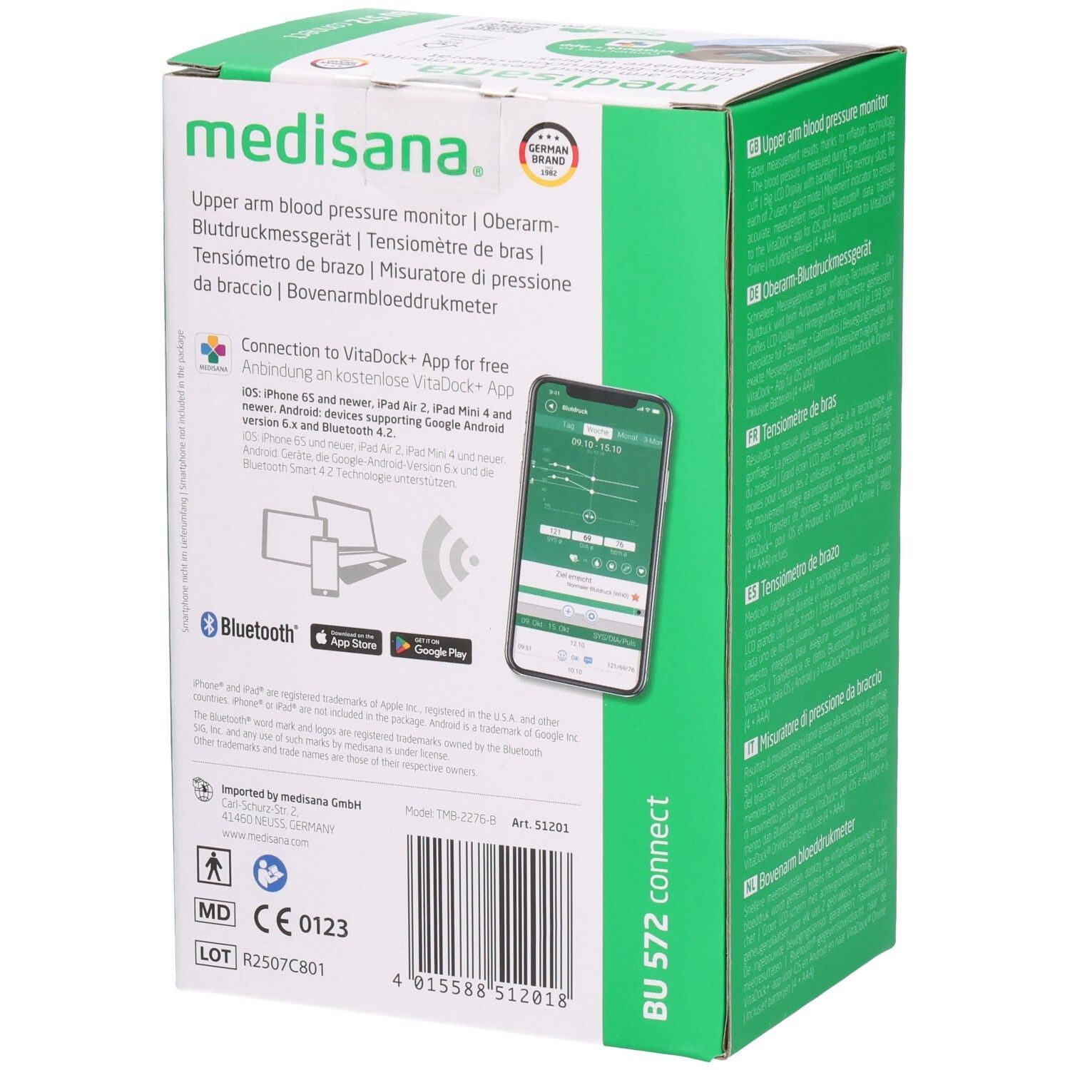 Dos de l'emballage. Informations sur le tensiomètre. Affichage de l'application smartphone. Logo Bluetooth. Marquage CE.