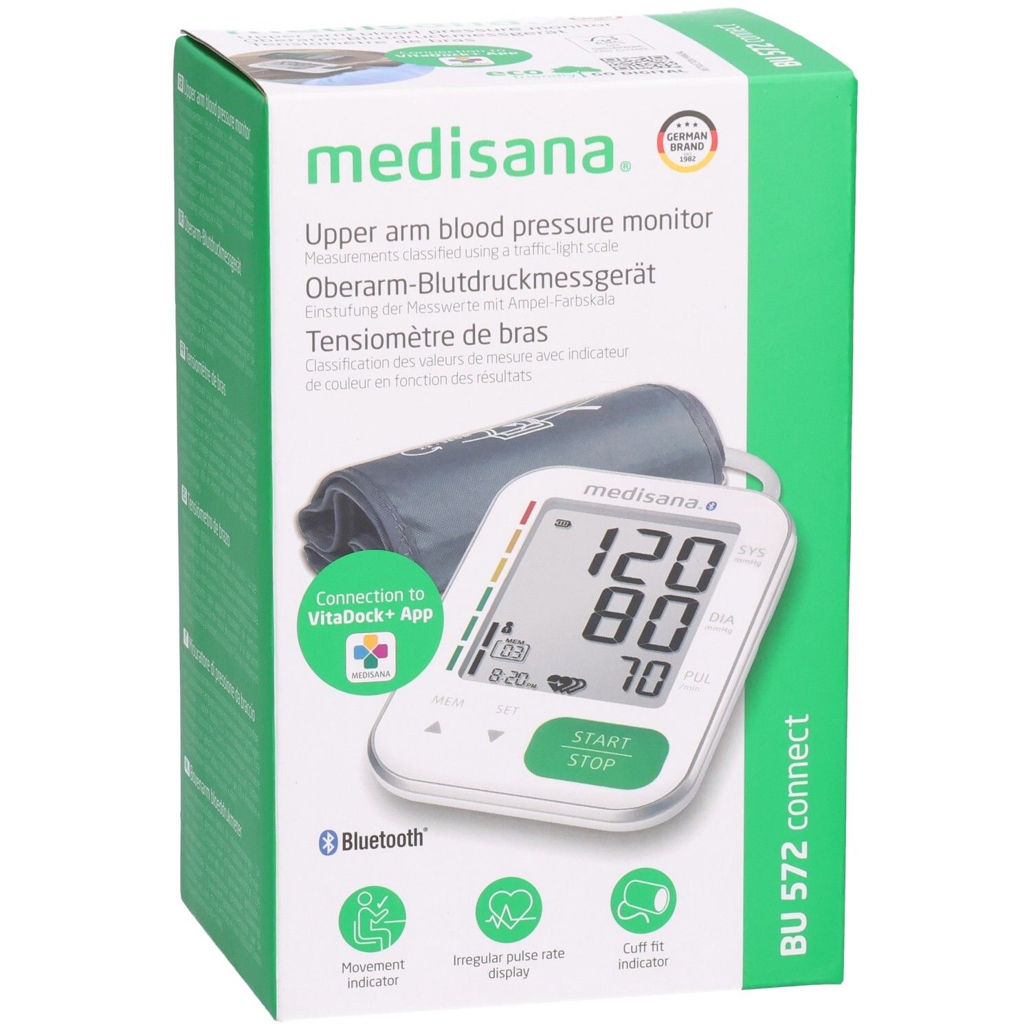 Tensiomètre dans son emballage. Affichage numérique avec valeurs. Brassard et appareil illustrés. Logo Bluetooth.