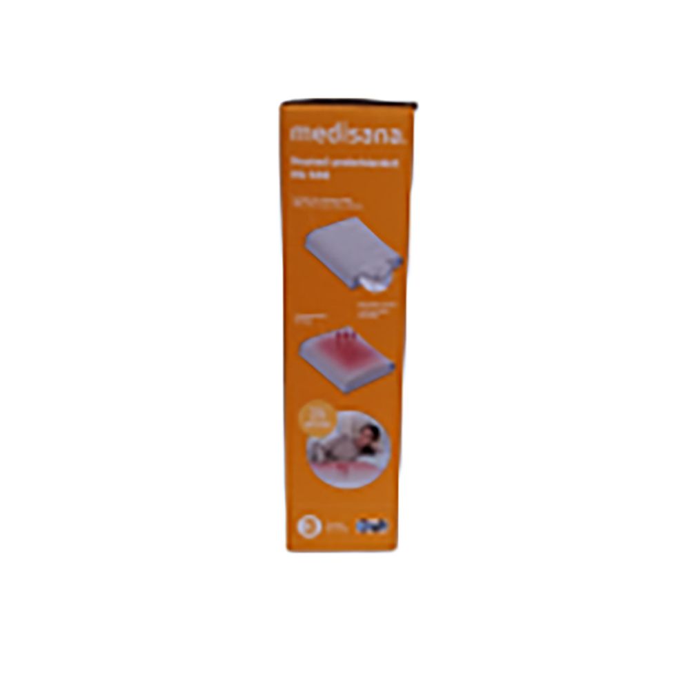 Emballage de couverture chauffante. Marque : medisana. Image du produit avec femme. Inscription : couverture chauffante.