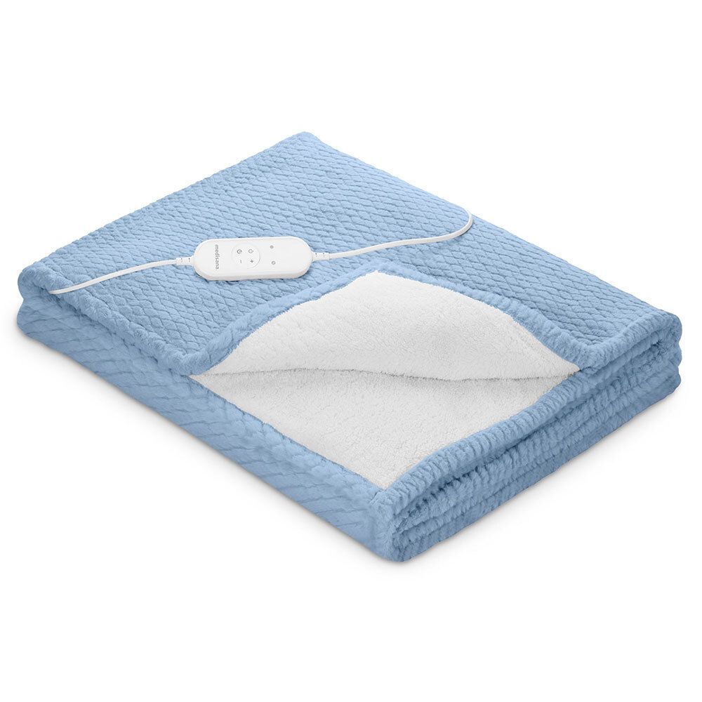 Emballage de la couverture chauffante medisana. Inscriptions : Suave manta eléctrica, Coperta termica, Knuffelwarmtedeken. Image du produit et femme.