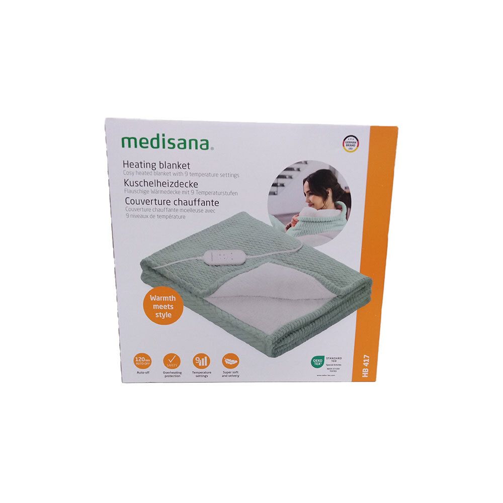 Couverture chauffante dans son emballage. Marque : medisana. Couleur : verte. Avec contrôle de température.