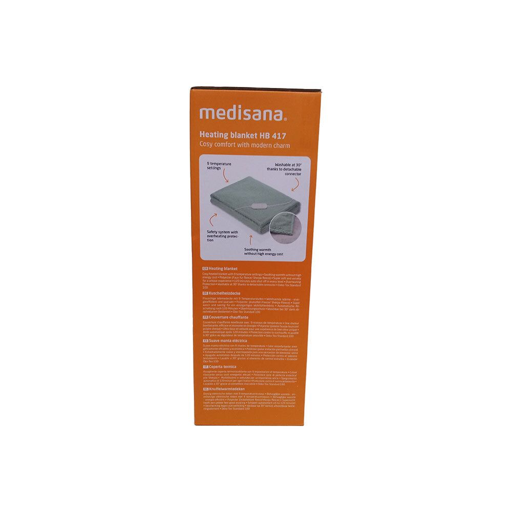 Emballage de la couverture chauffante. Marque : medisana. Texte et image du produit. Informations.