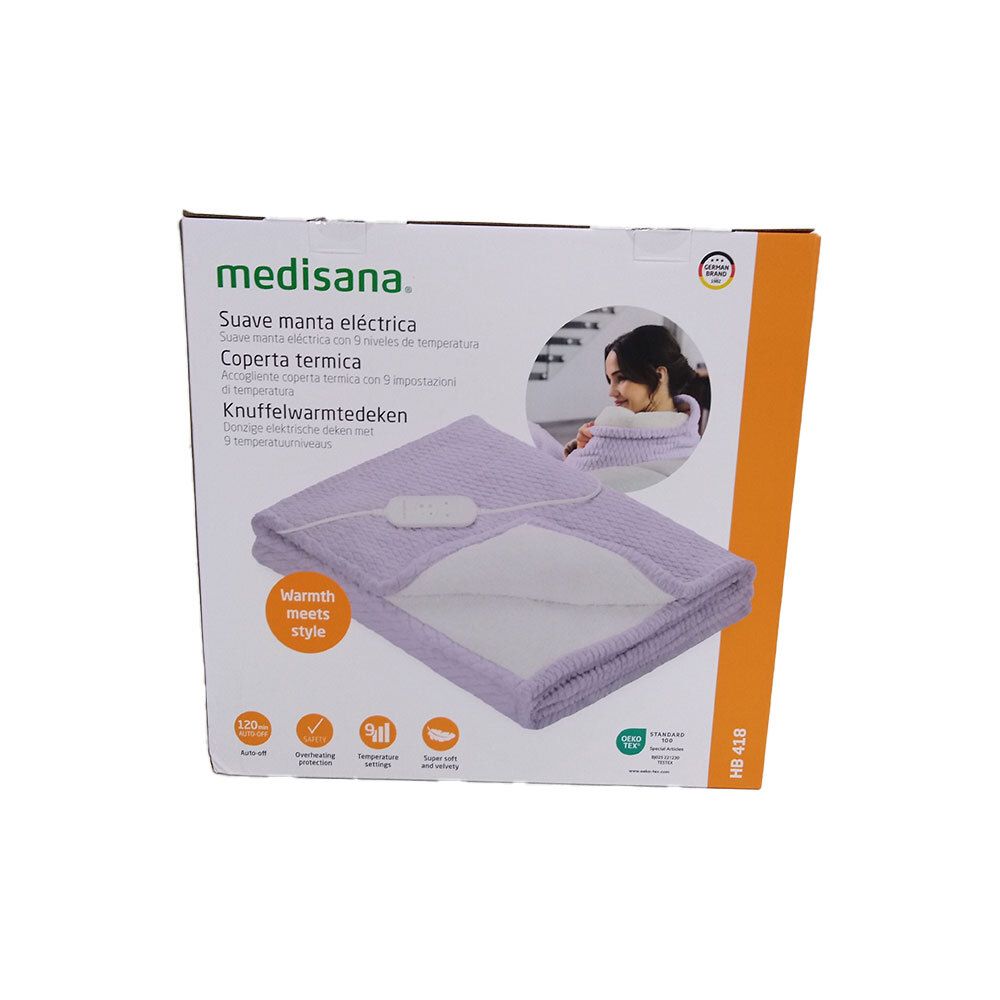 Emballage de la couverture chauffante. Marque medisana. Nom et caractéristiques du produit. Avec label de qualité allemand.