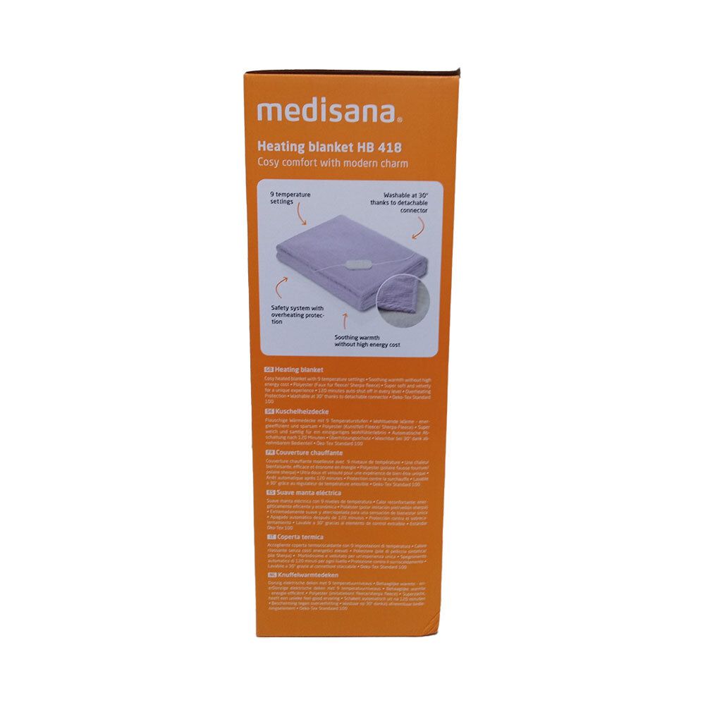 Emballage du produit. Impression avec informations et illustrations. Marque : medisana. Modèle : HB 418.