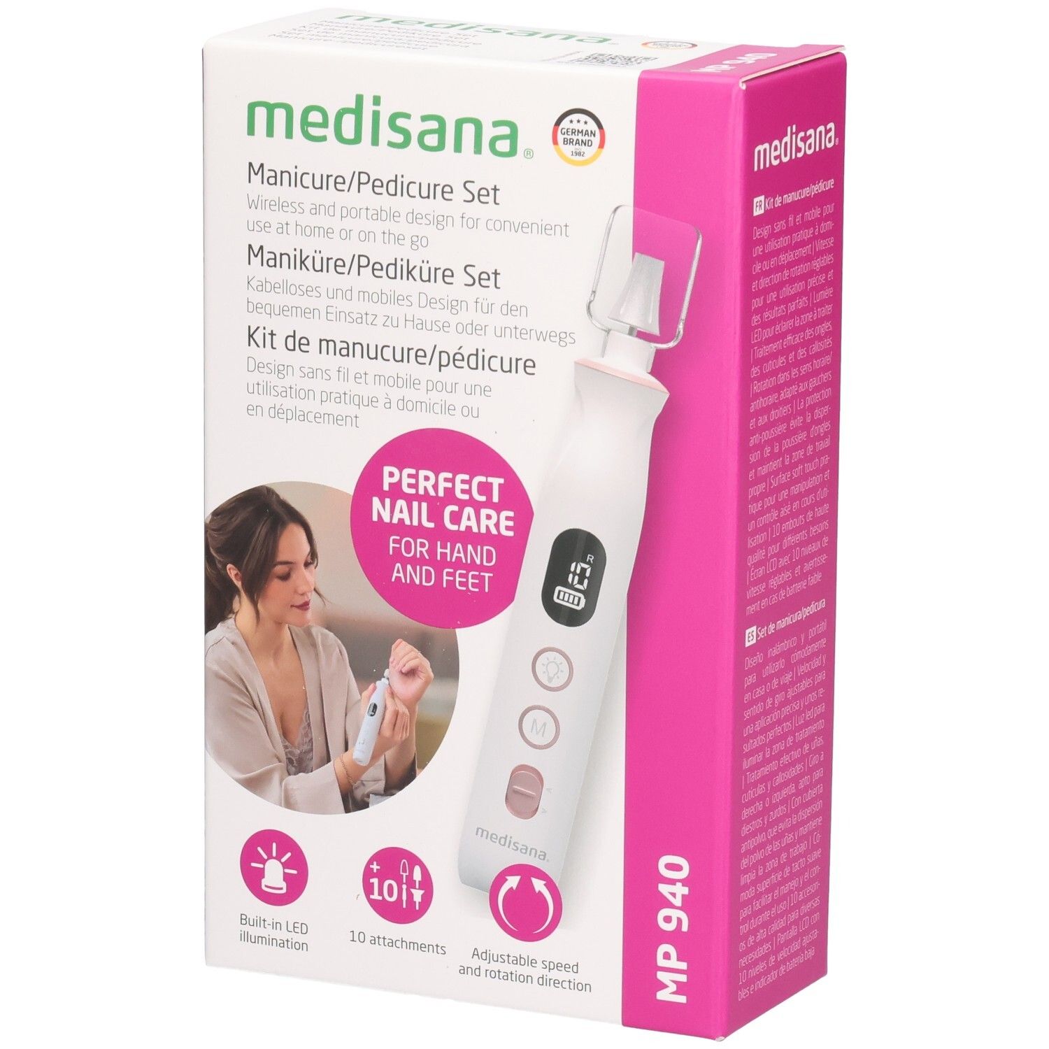 Set manucure/pédicure Medisana. Boîte rose et blanche. Produit et femme sur le devant. MP 940. 10 accessoires, éclairage LED.