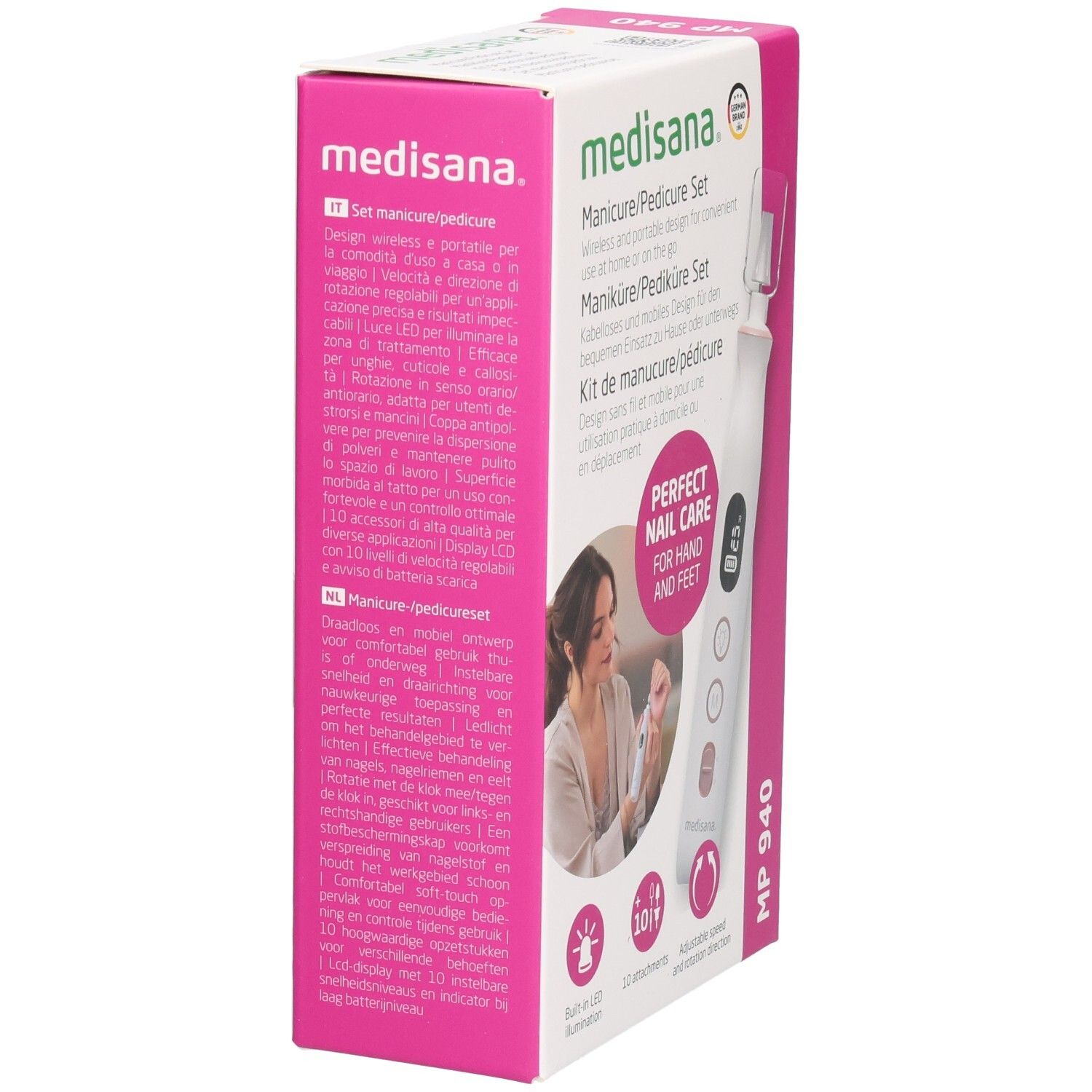 Set manucure/pédicure Medisana. Emballage, vue latérale. Texte en allemand, italien, néerlandais. MP 940. Rose et blanc.