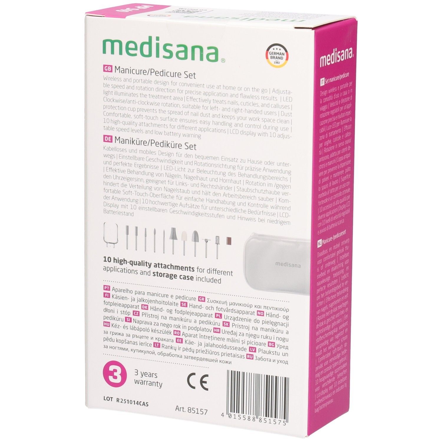 Set manucure/pédicure Medisana. Dos de l'emballage. 10 accessoires, étui de rangement. 3 ans de garantie. Marque CE.