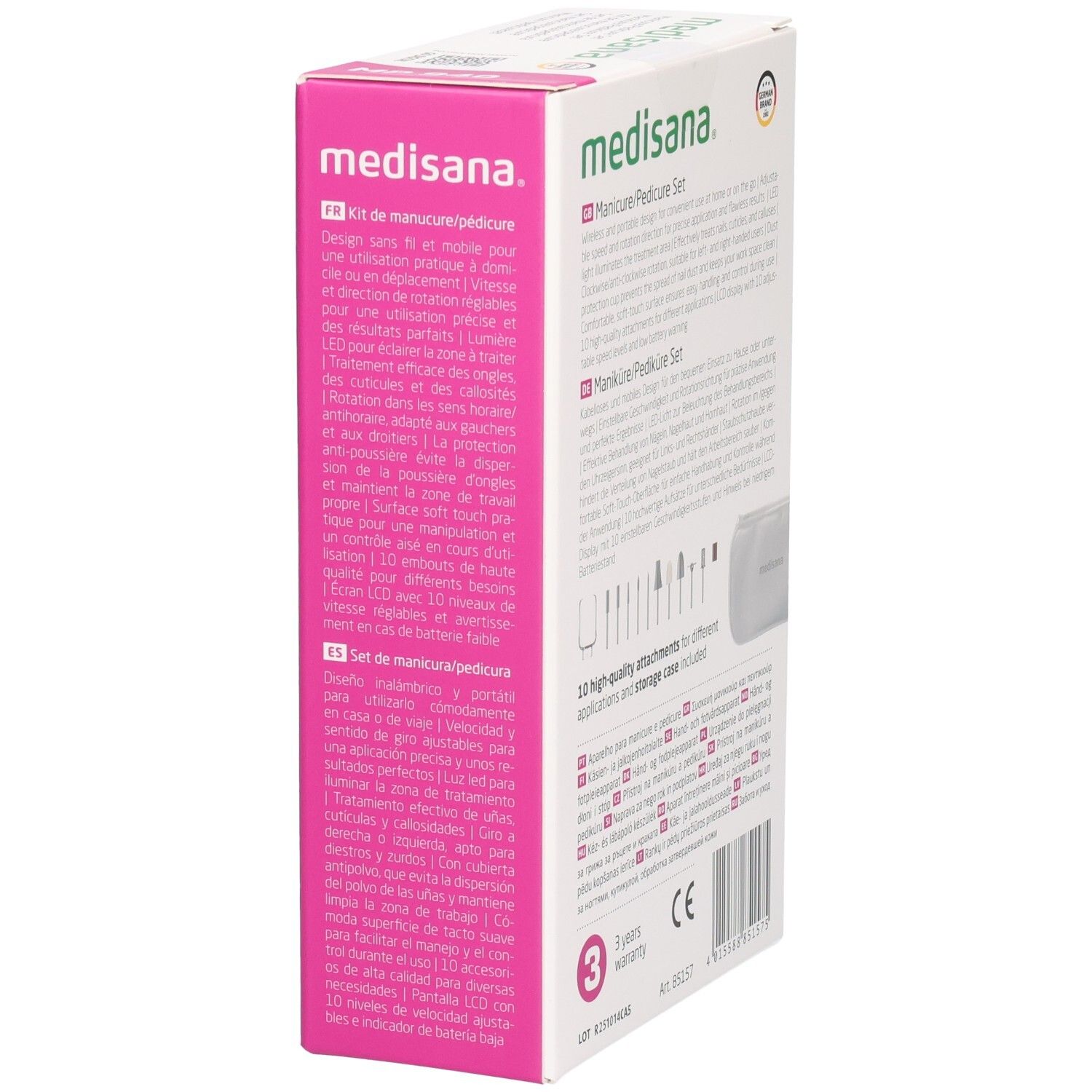 Set manucure/pédicure Medisana. Emballage, vue latérale. Texte en français, espagnol. 10 accessoires. 3 ans de garantie.