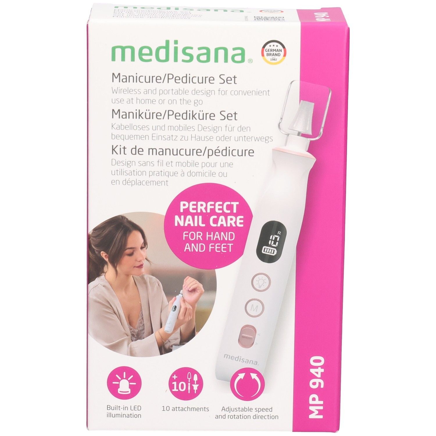 Set manucure/pédicure Medisana. Boîte rose et blanche. Produit et femme sur le devant. MP 940. 10 accessoires, éclairage LED.